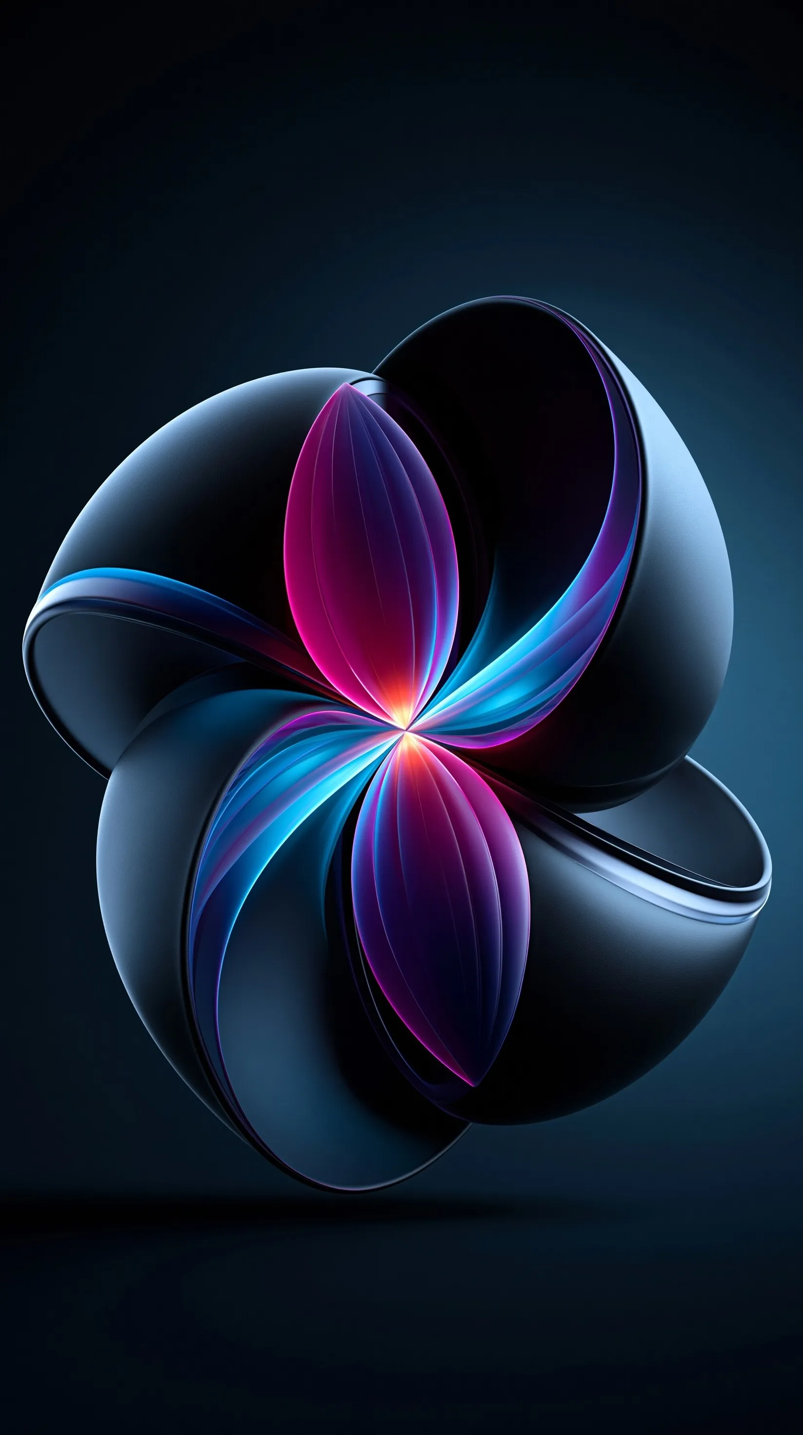 3D neon orchid wallpaper with smooth magenta and electric blue sculptural folds against a deep black background.