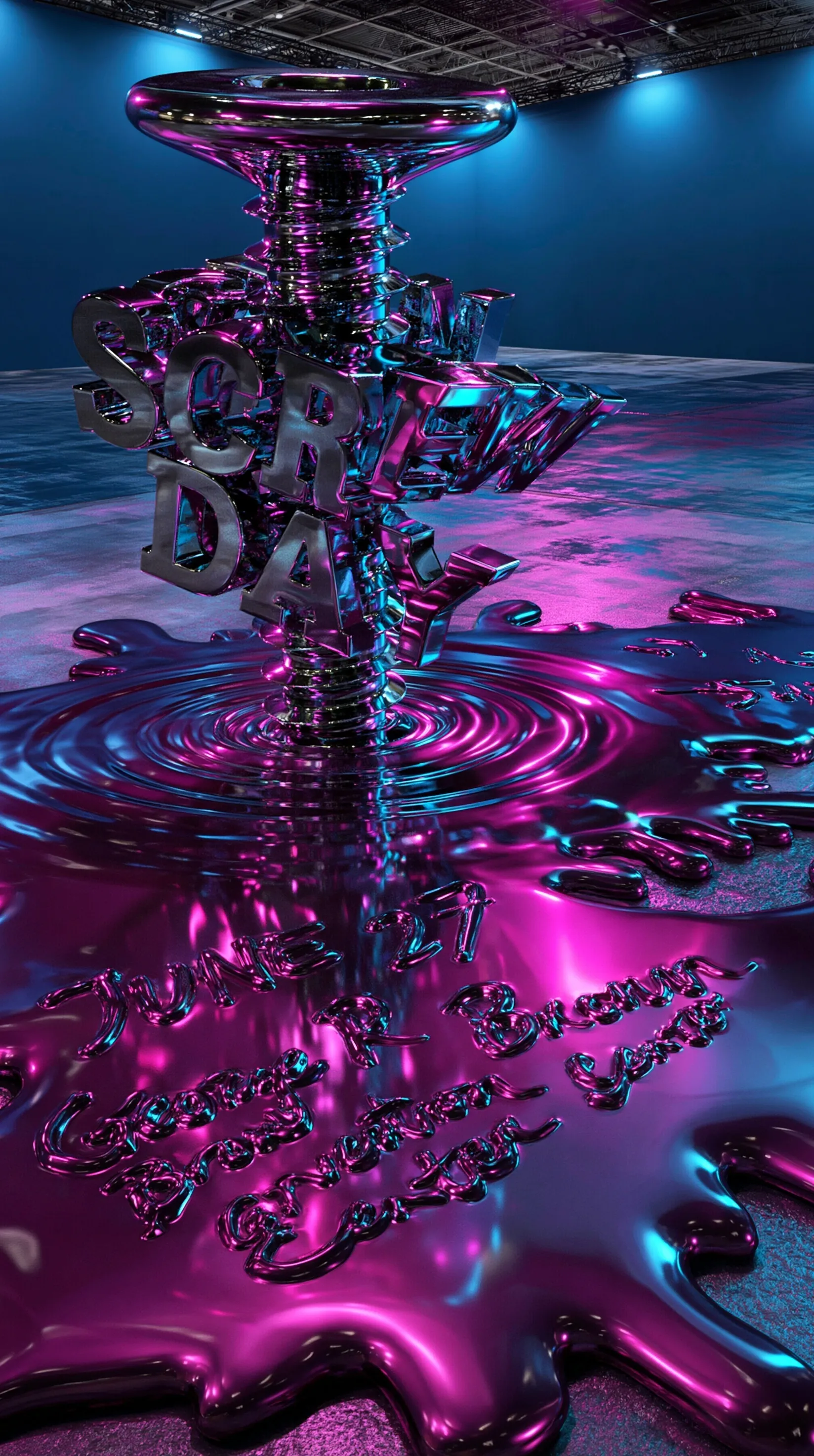 3D chrome letter sculpture for SCREW DAY on a wet, reflective floor with glossy purple syrup splashes.