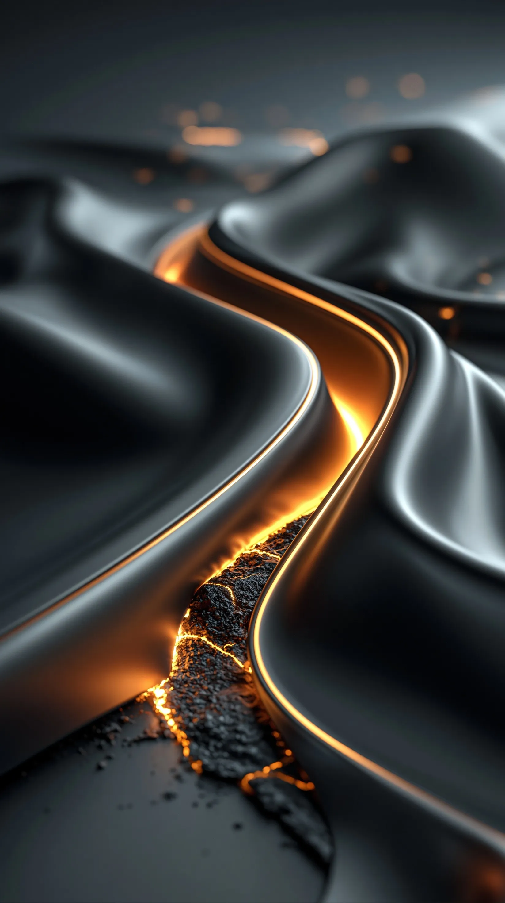 Minimalist dark 3D wallpaper with a glowing orange molten fissure line on a matte surface, perfect for iPhone.