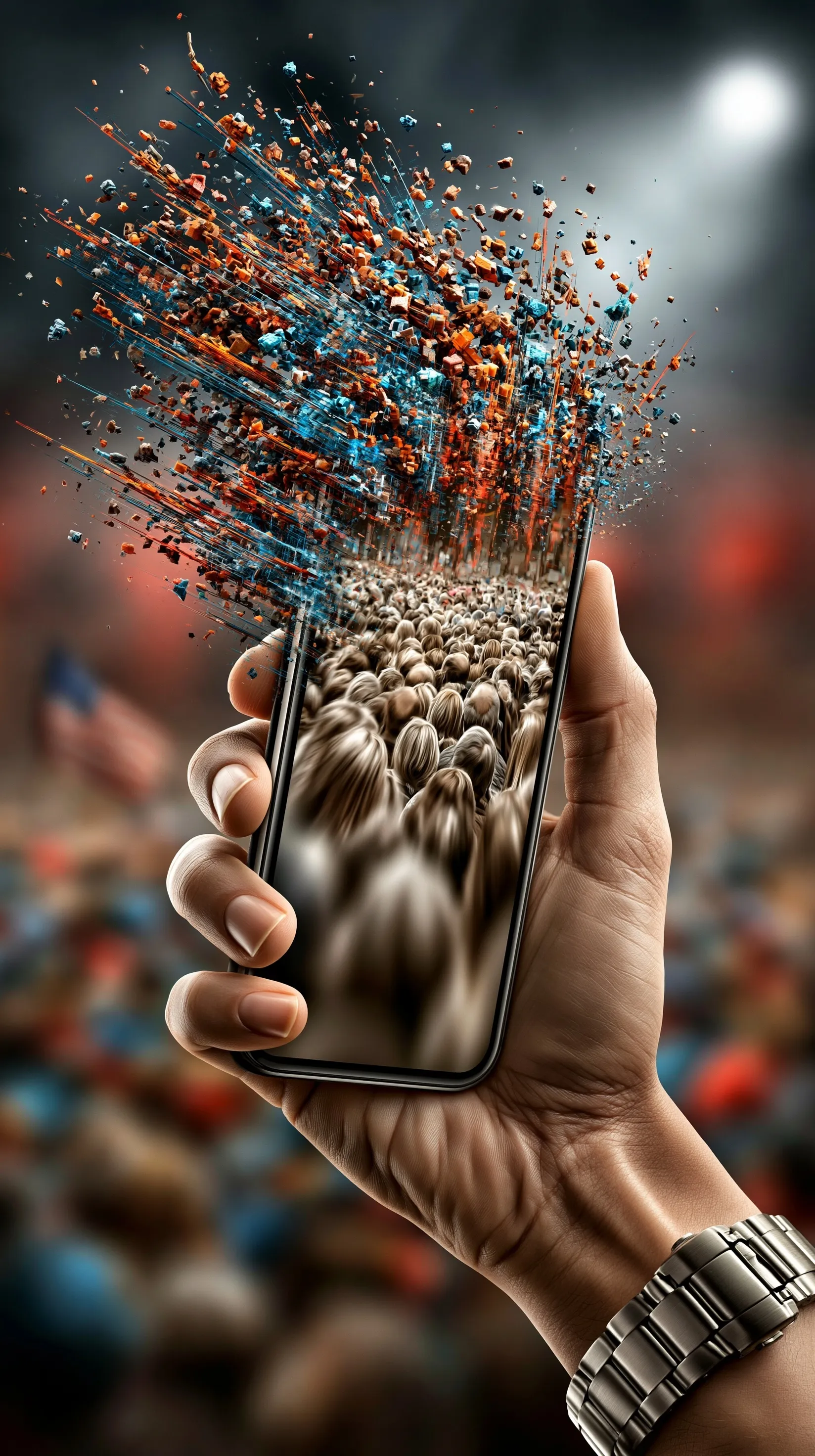 A hand holding a smartphone capturing a crowd with cinematic digital glitch effects and a dark, moody background.