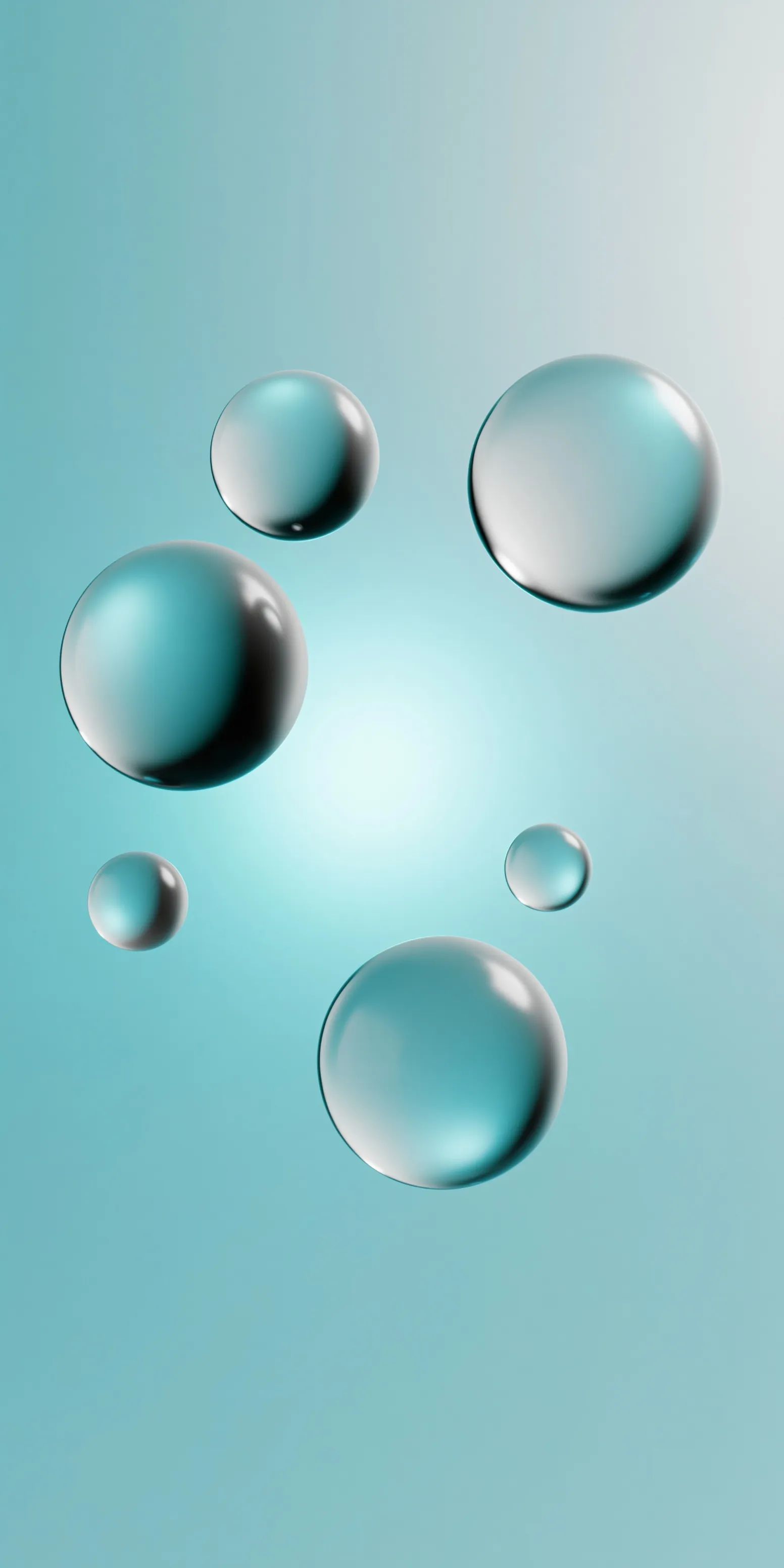 Minimalist liquid glass 3D wallpaper with translucent floating bubbles on a soft cyan gradient background.
