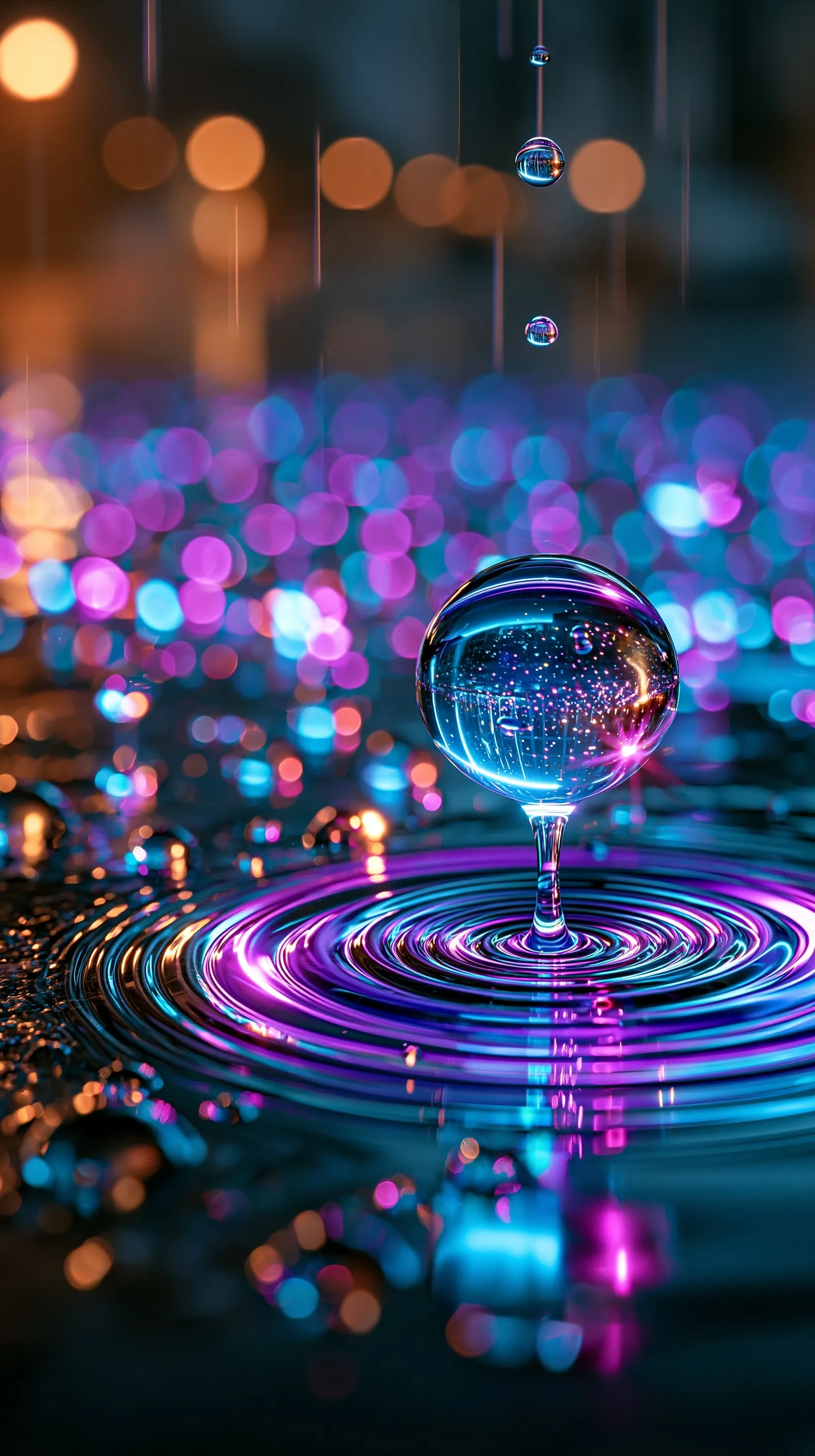 Glowing neon rain droplets in blue and magenta create prismatic ripples on a dark, reflective 3D abstract surface.
