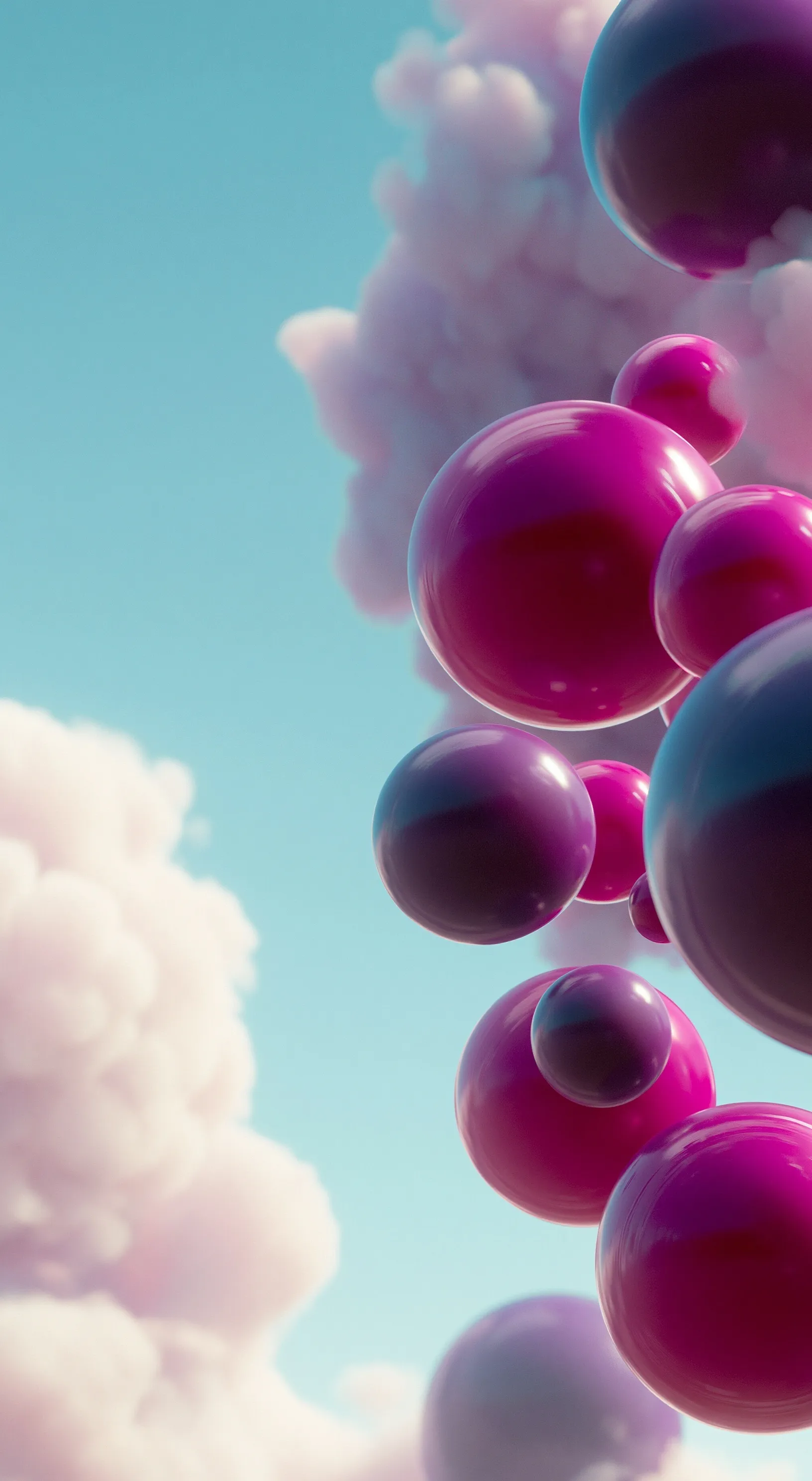 Surreal 3D dreamscape wallpaper with floating purple and magenta spheres in a soft blue sky, copy space included.