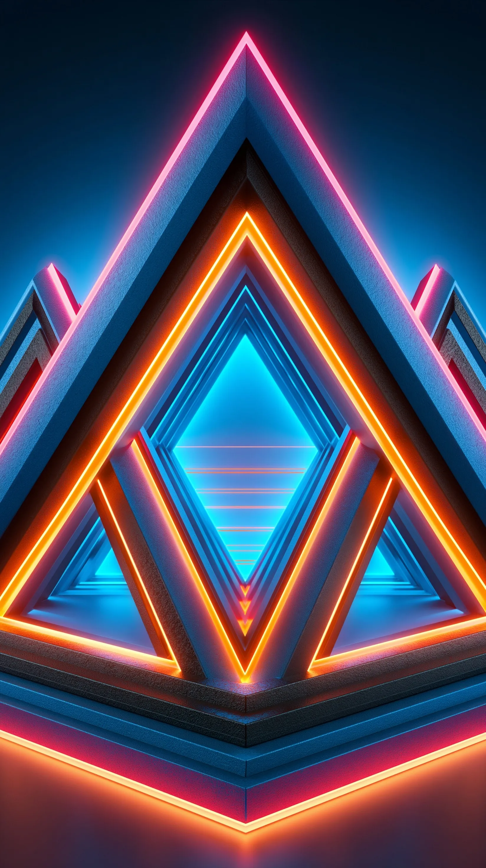 Abstract 3D tunnel wallpaper with glowing pink and orange geometric triangles on a futuristic dark blue background.
