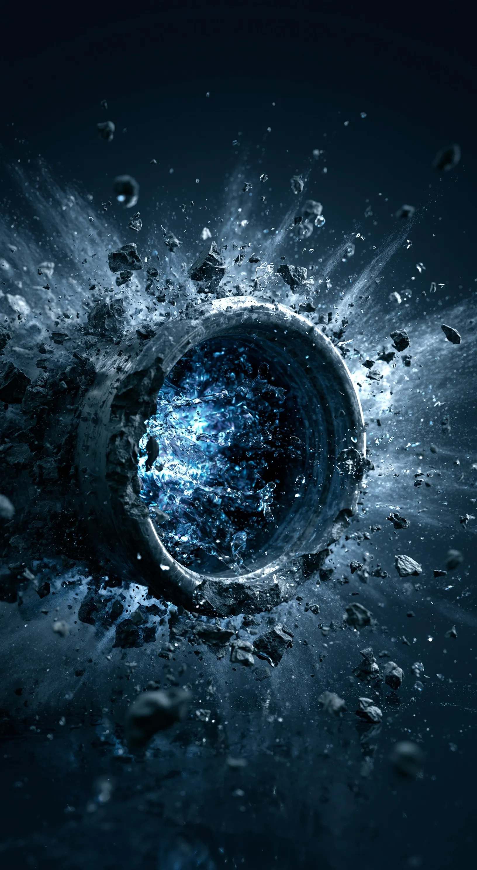 Ultra-realistic 3D metal pipe breaking through a wall with a dynamic blue water explosion and cinematic debris.
