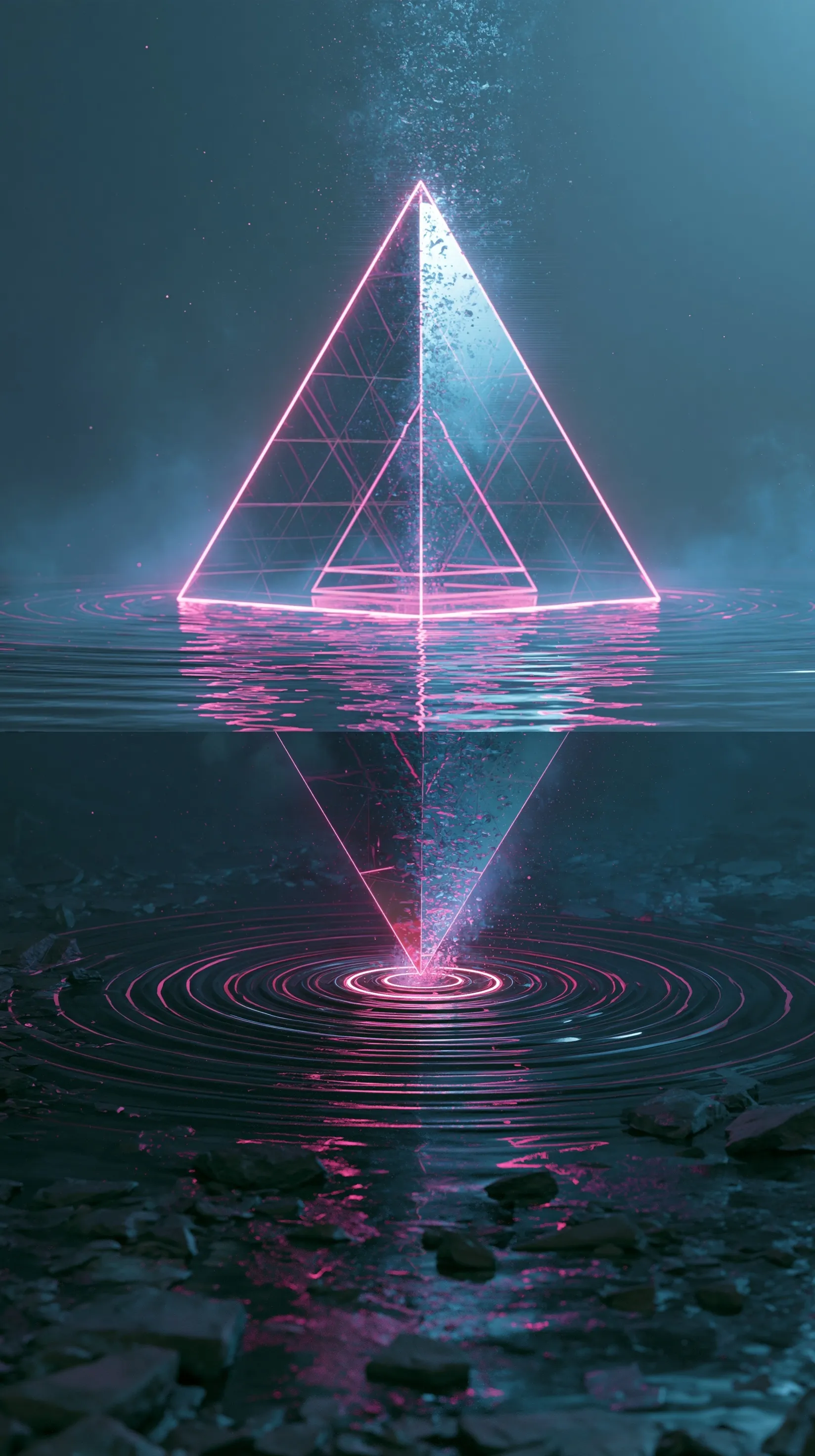 Dynamic 3D synthwave wallpaper for iPhone featuring a split As Above So Below artistic design in vibrant neon colors.