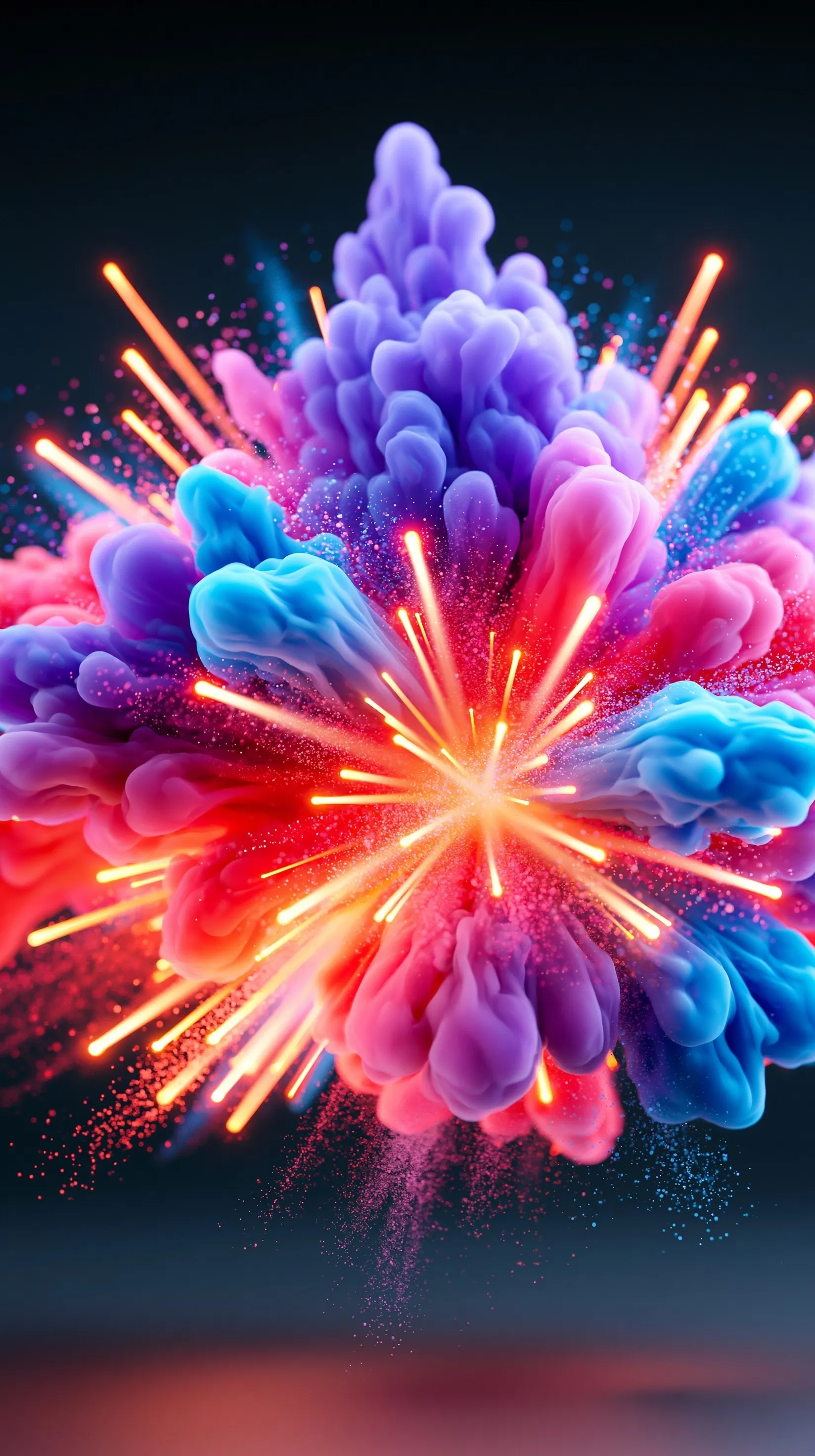 Vibrant explosion of purple, pink, blue, and red colored powder against a deep black background for mobile screens.
