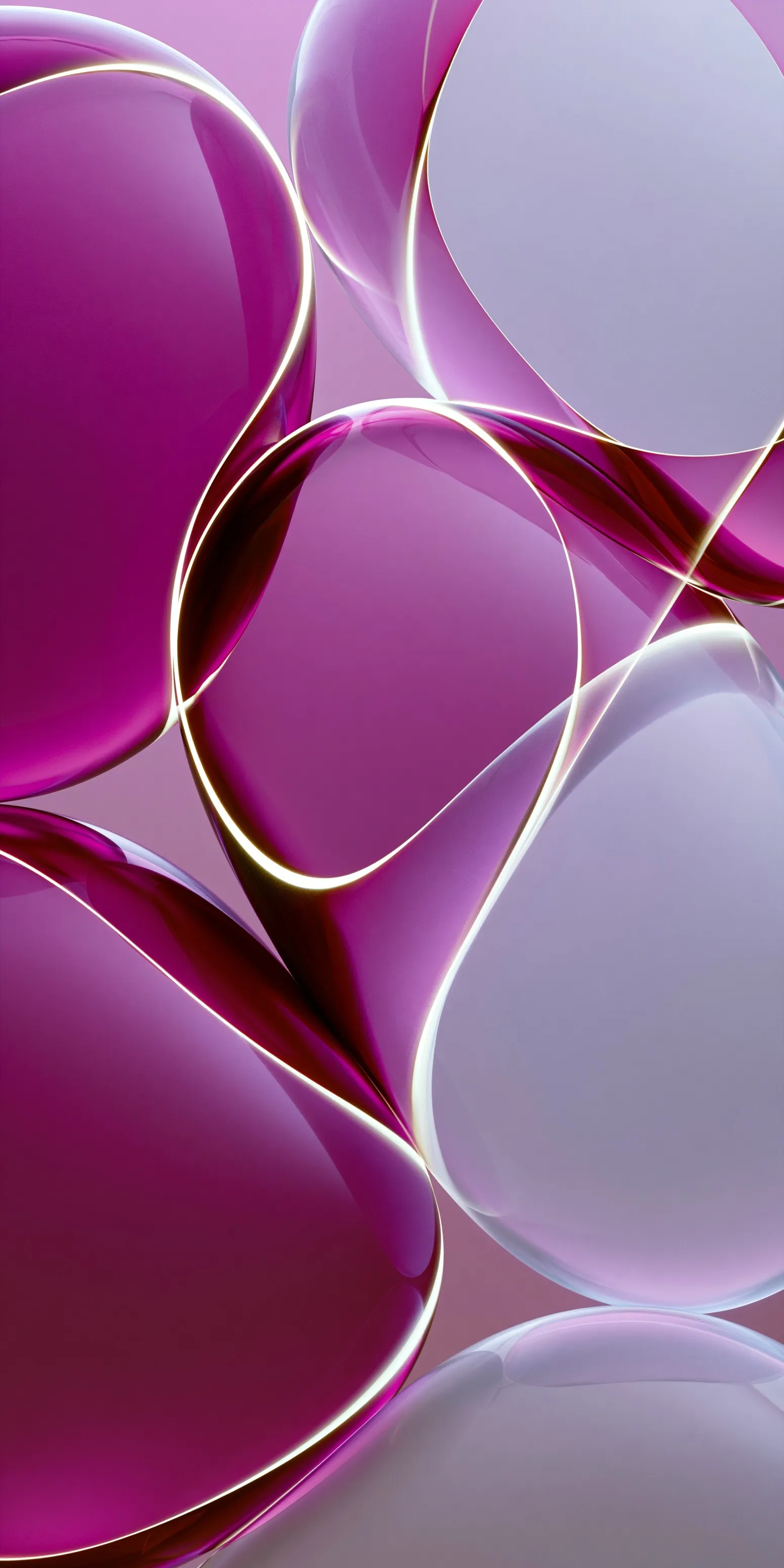 Abstract 3D wallpaper with translucent purple, fuchsia, and grey interlocking shapes with glowing light edges.