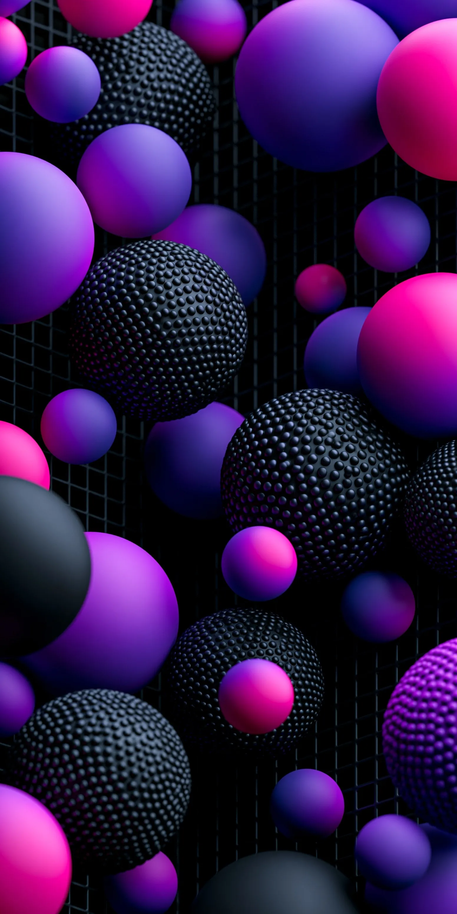 Abstract 3D wallpaper with purple and pink glowing spheres on a black grid background for iPhone screens.