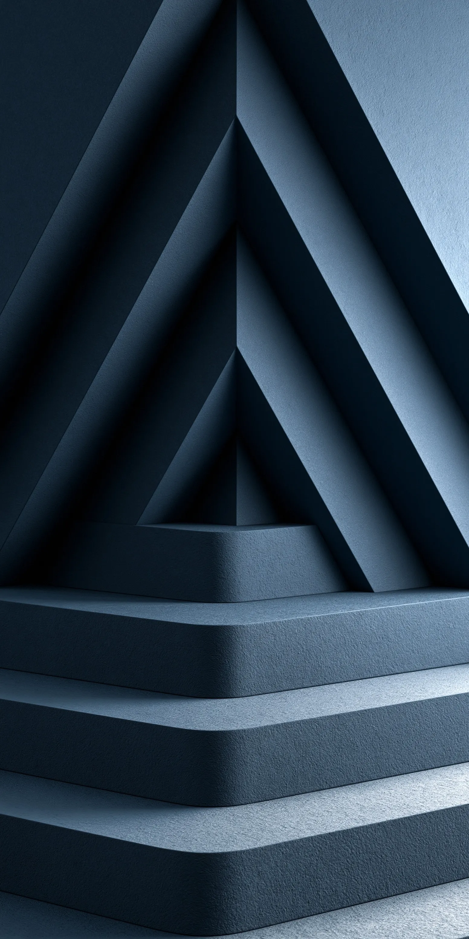Minimalist deep slate blue 3D abstract wallpaper with rounded triangular shapes for iPhone screens.