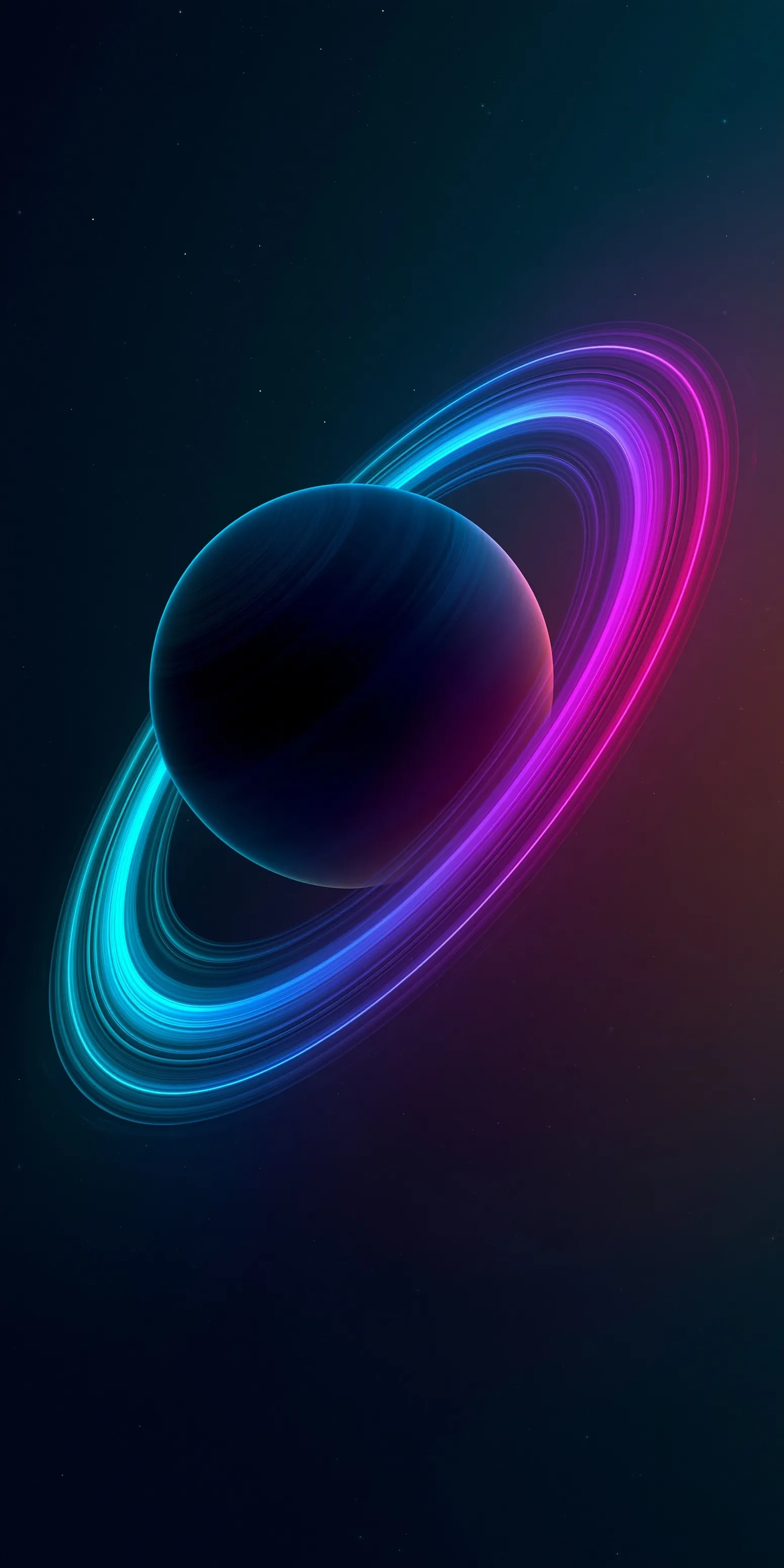 Minimalist 3D gas giant planet with glowing neon rings on a deep space background, perfect for mobile wallpaper.