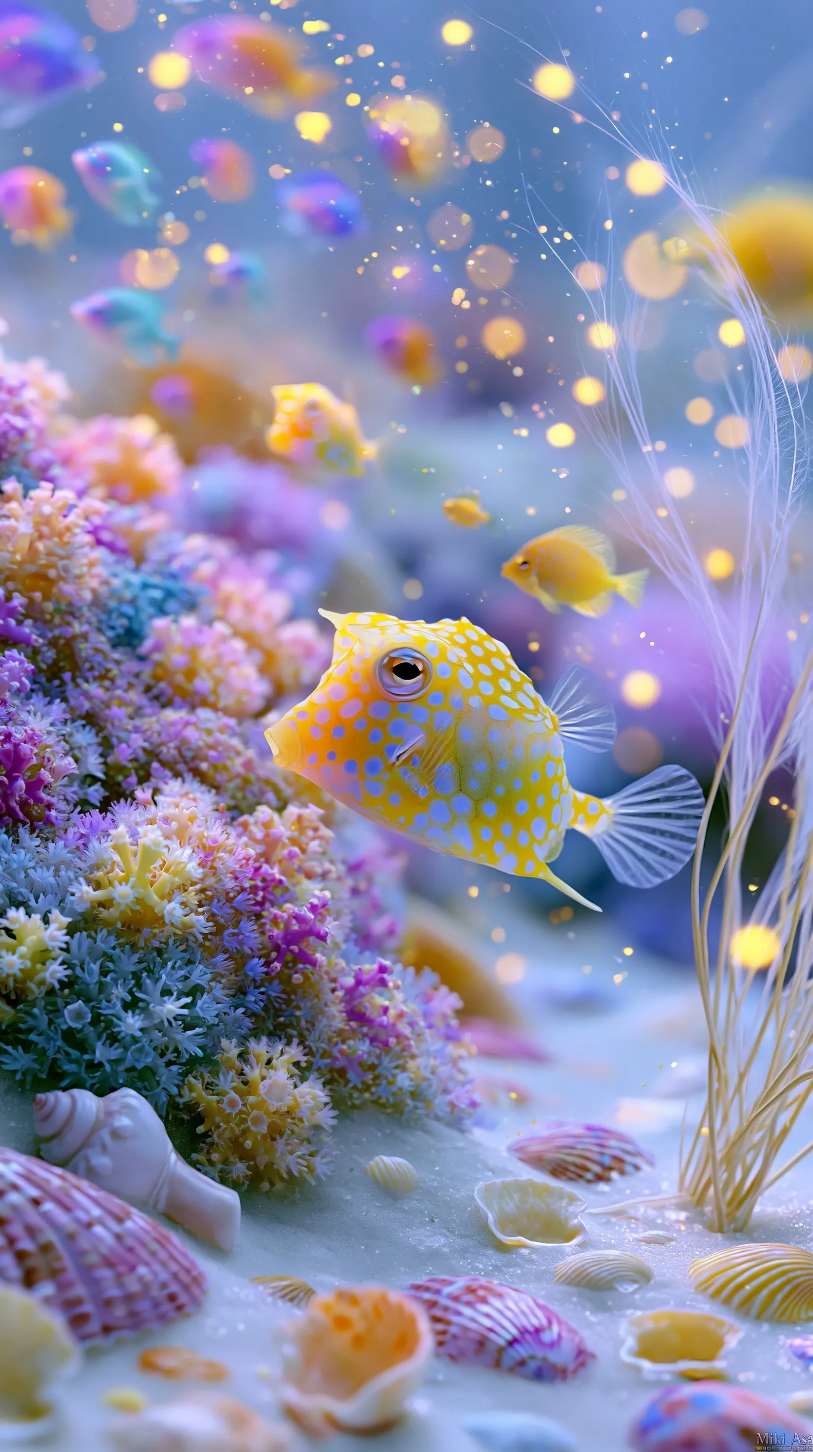 Realistic underwater 3D wallpaper featuring a sandy seabed, colorful coral, tropical fish, and glowing plankton.