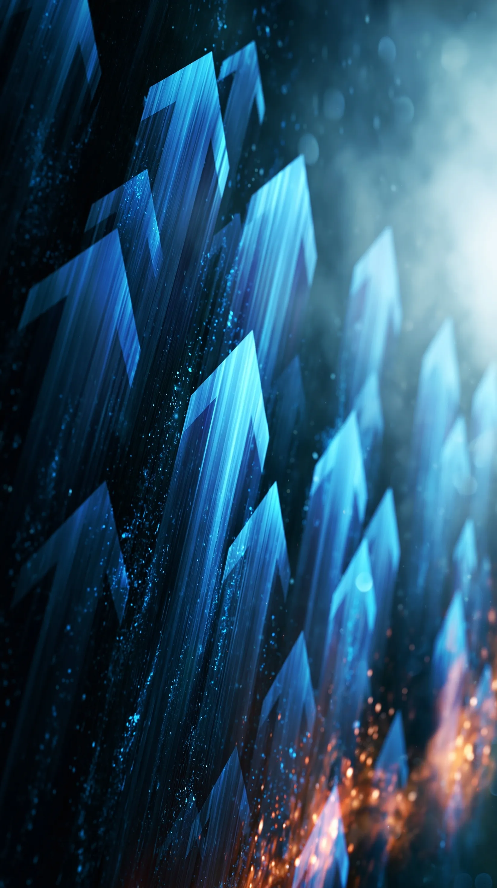 Abstract neon blue wallpaper with glowing upward arrows, motion blur, and bokeh particles for iPhone background.