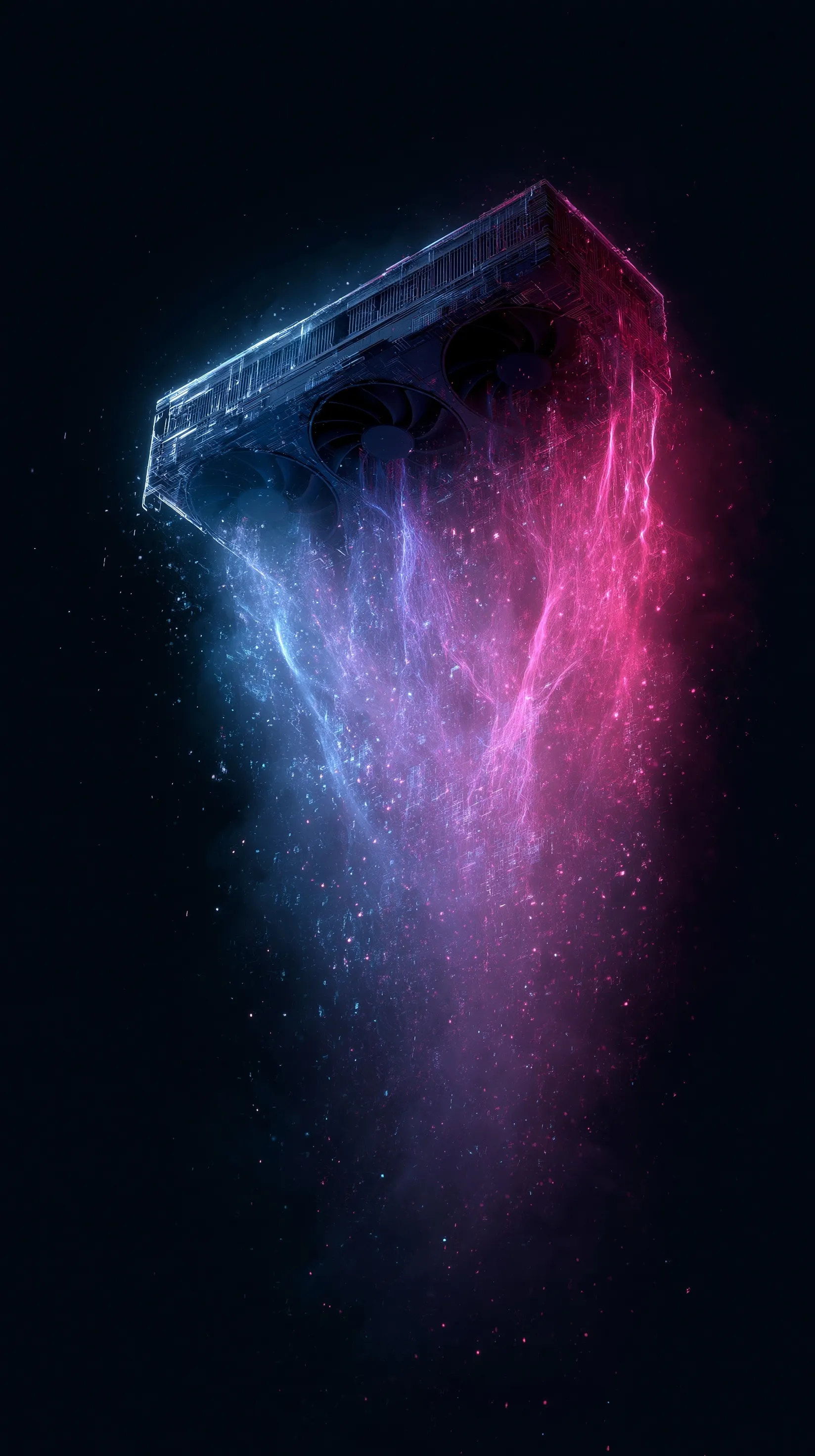 A futuristic GPU graphics card with glowing neural network circuitry and holographic data particles in a dark studio.