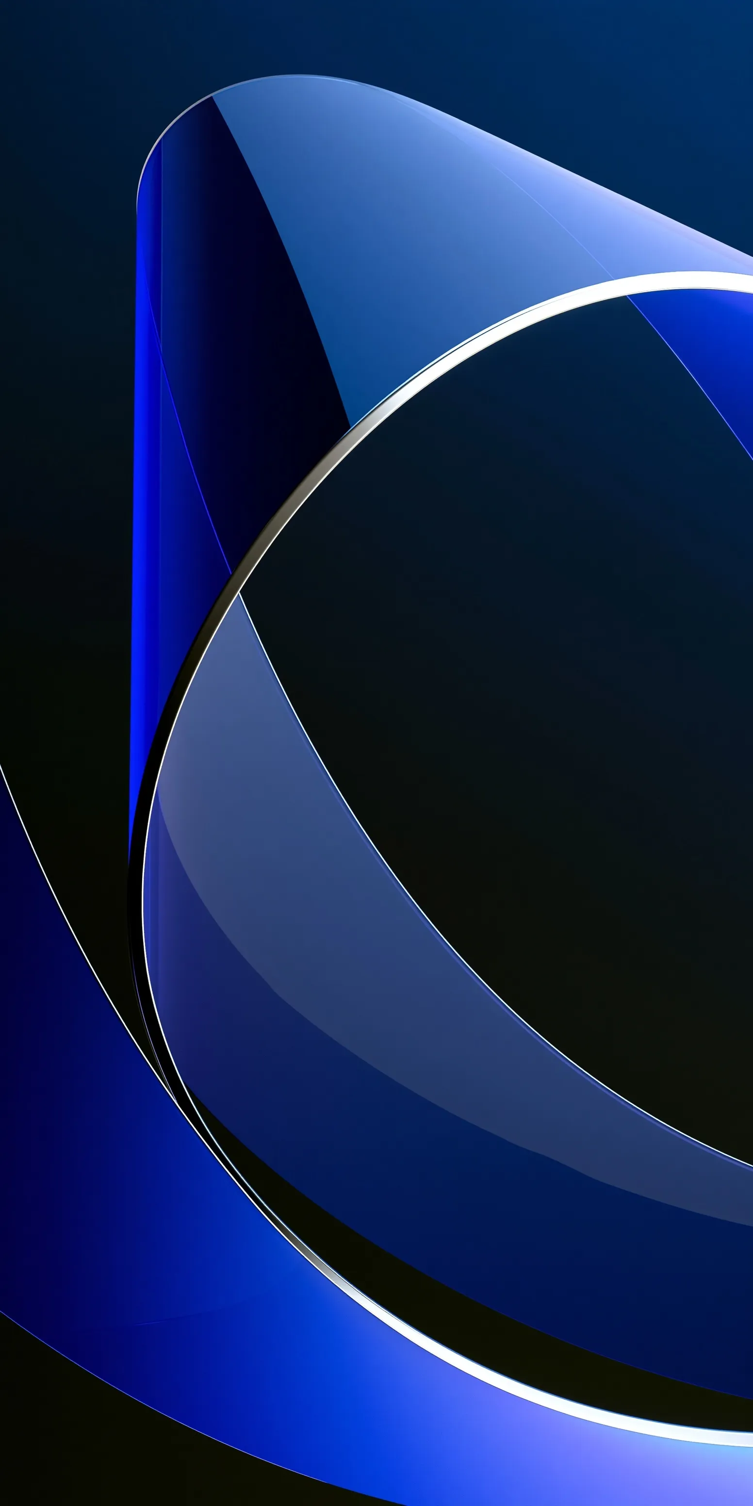 Luxury 3D abstract mobile wallpaper with translucent cobalt blue glass curves and chrome details in 8K resolution.