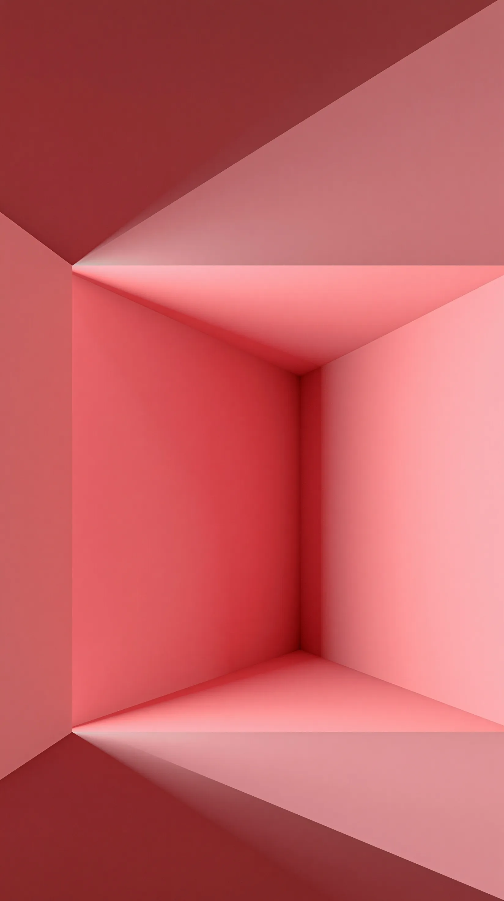 Minimalist 3D dusty pink room interior with one-point perspective and soft matte lighting for iPhone wallpaper.