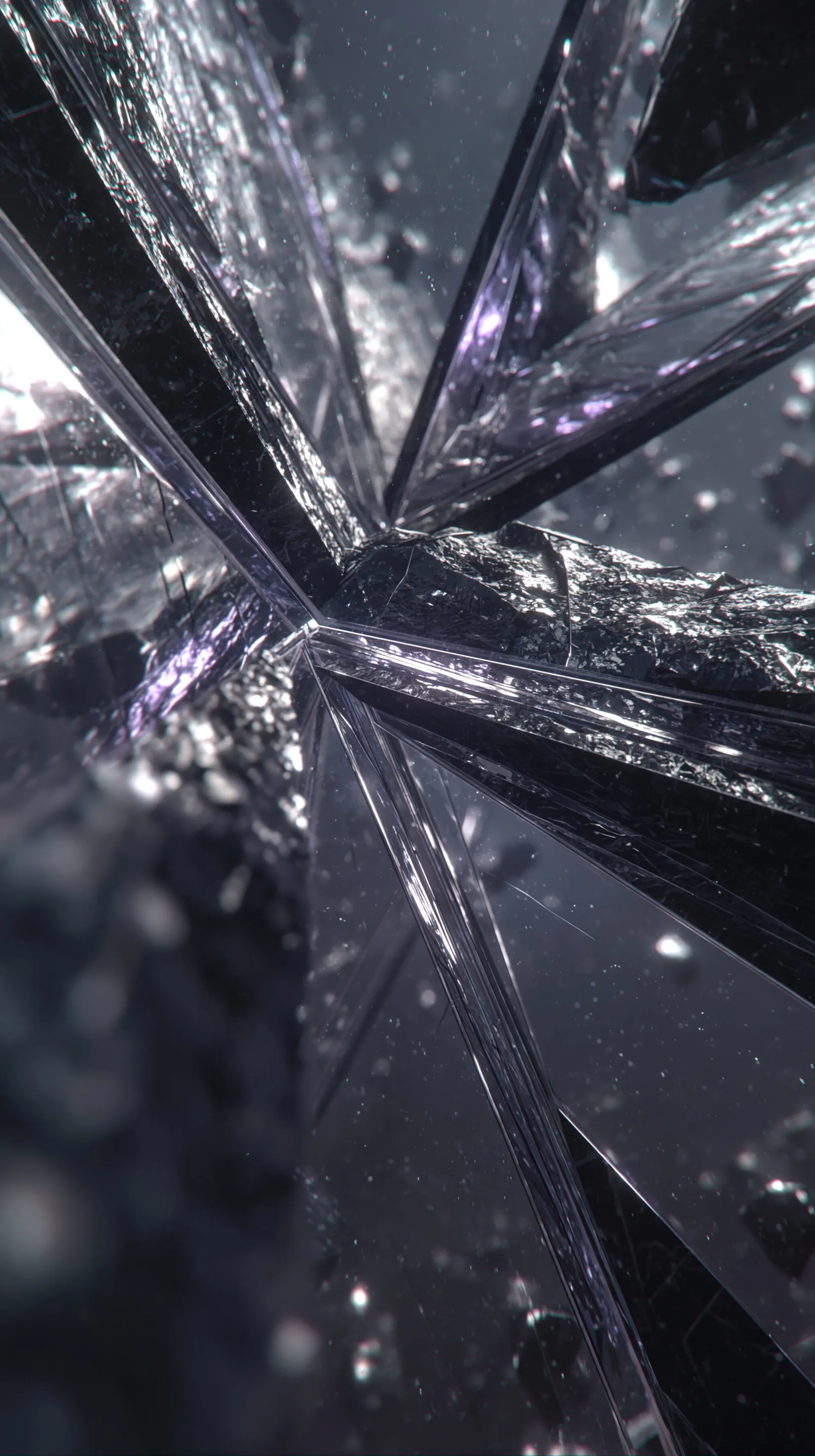 Vertical 3D wallpaper of a fractured obsidian void with floating glass shards and warped perspective for iPhone.