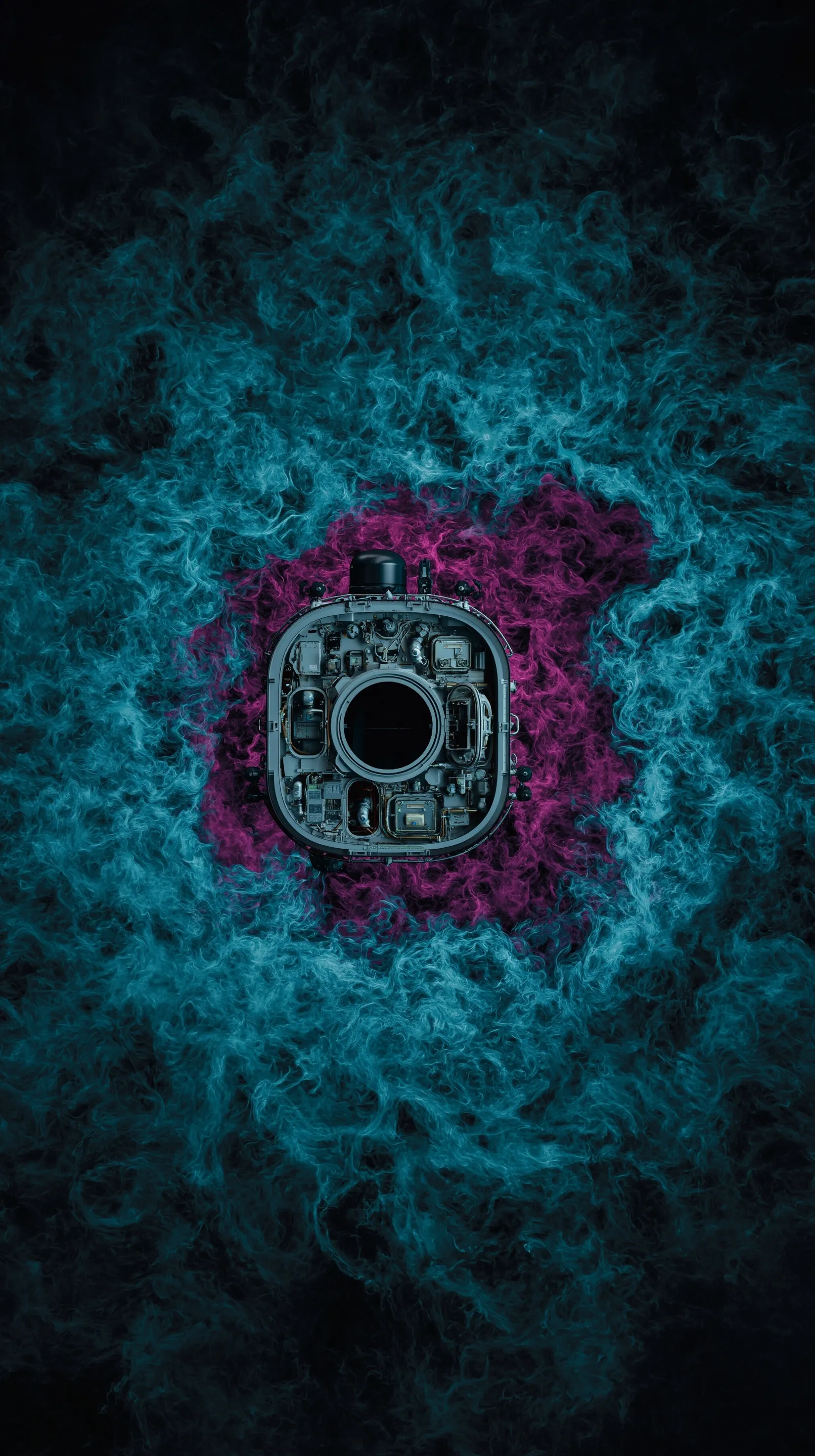 A sleek spaceship emerges from a cyan and magenta quantum rift near planet T'haeri, epic 8K cosmic wallpaper.