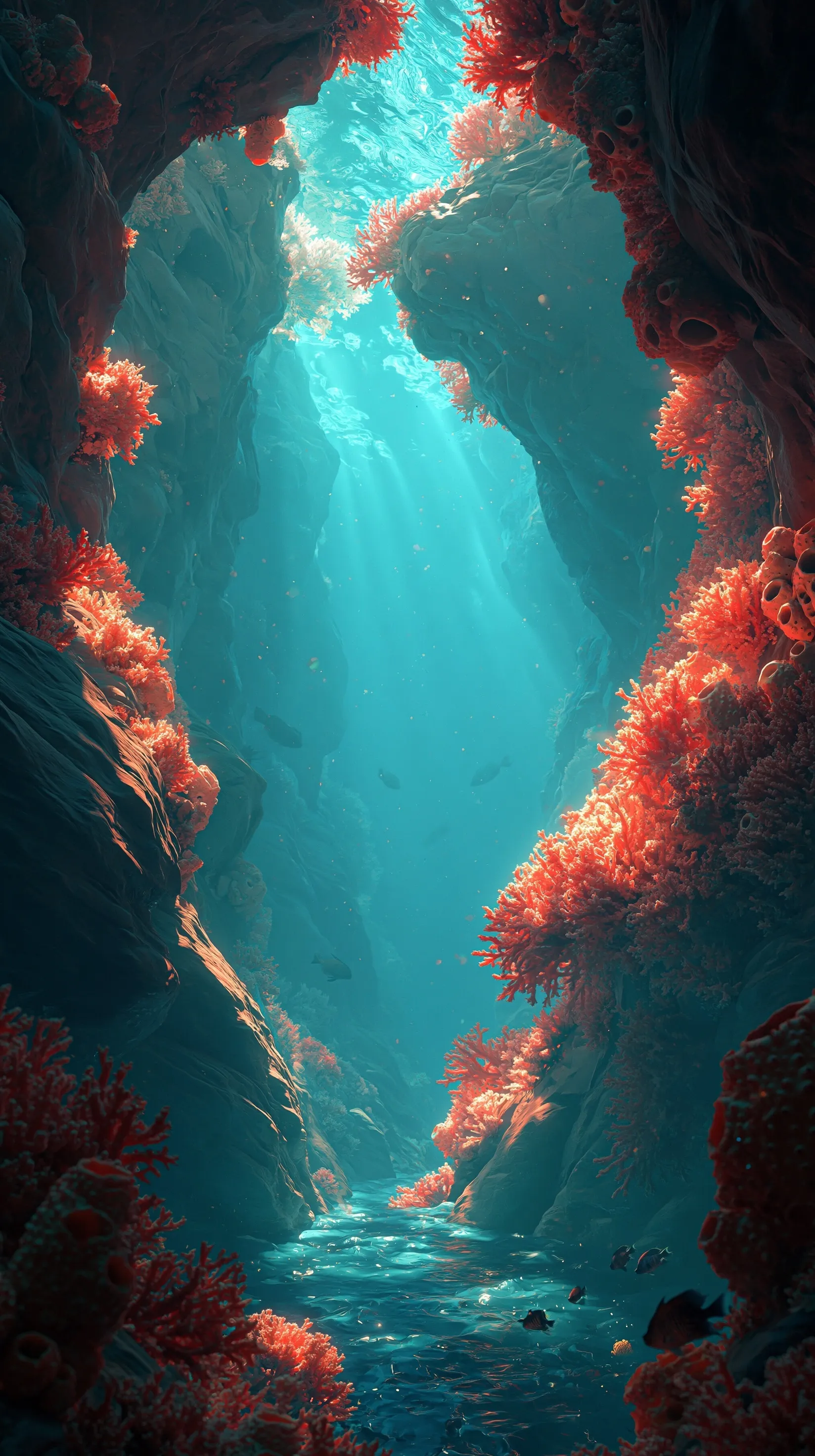 Underwater cave canyon 3D wallpaper with volumetric light, vibrant coral reefs, and peaceful deep sea blue aesthetics.