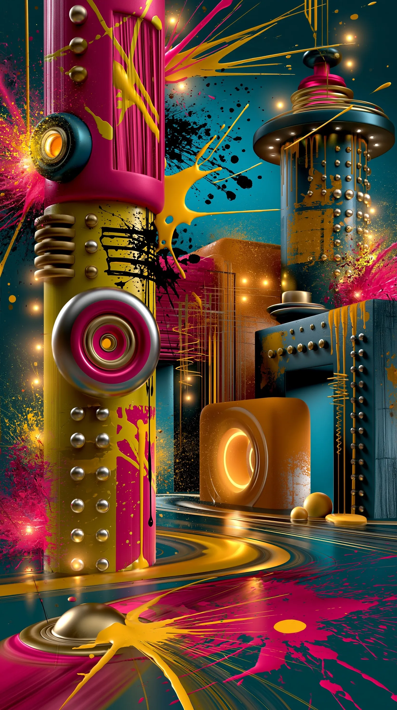 Abstract expressionist phone wallpaper with vibrant geometric splashes, neon colors, and layered artistic textures.