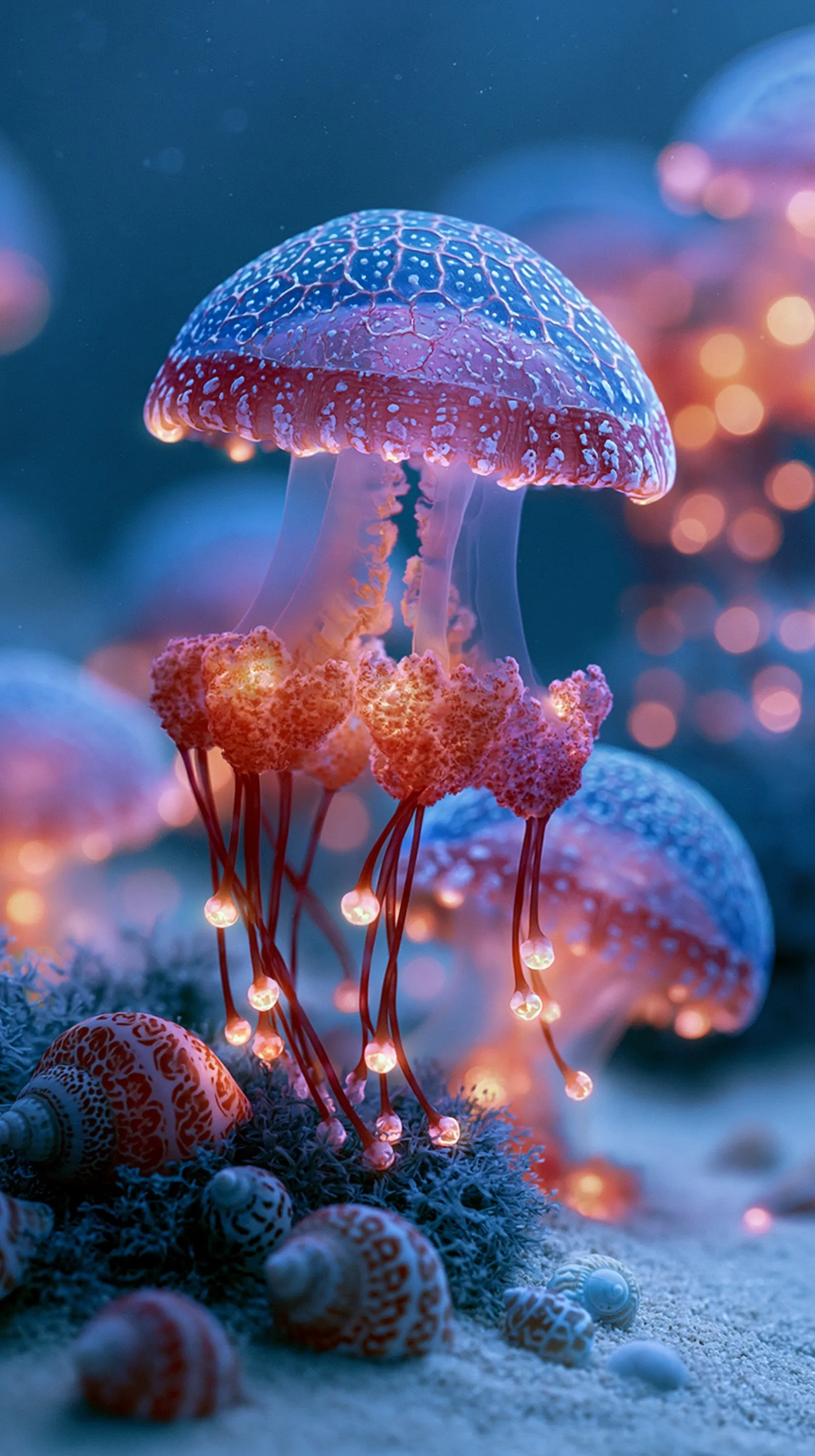 Cinematic underwater 3D wallpaper with glowing jellyfish, coral, and tropical fish on fine white sand for iPhone.