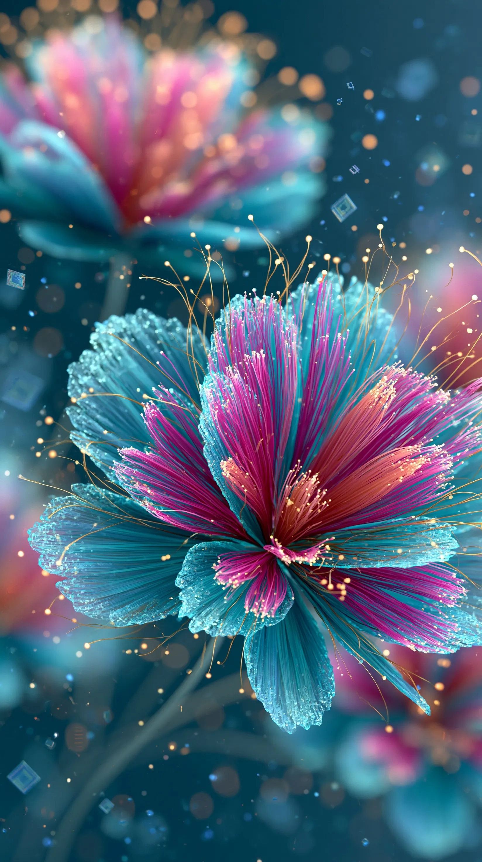 Abstract 3D crystalline flower wallpaper with glowing fiber optic petals and gold accents for iPhone screens.