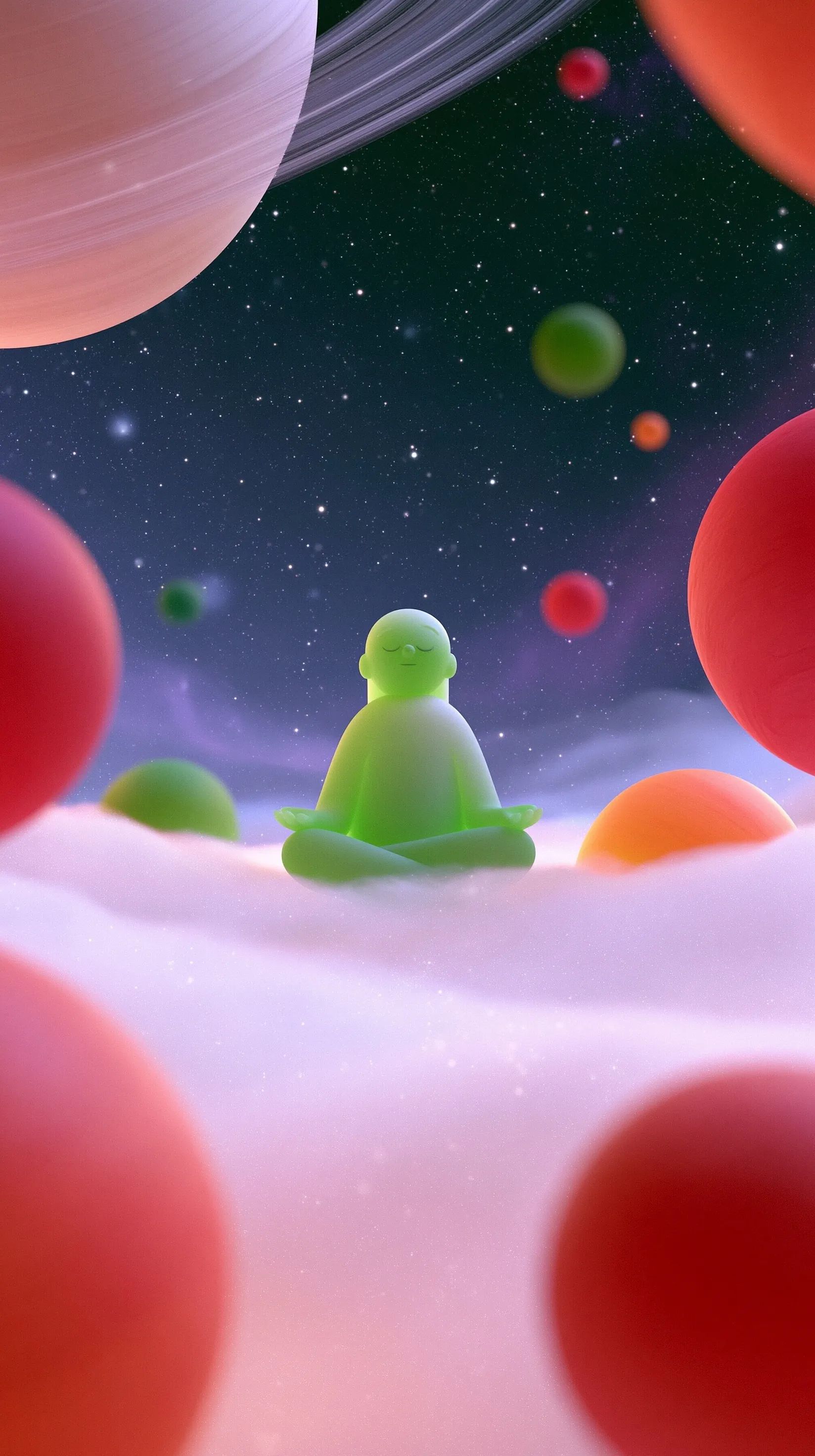 A woman meditating in lotus pose amidst a cosmic galaxy with glowing planets, stars, and nebula clouds.