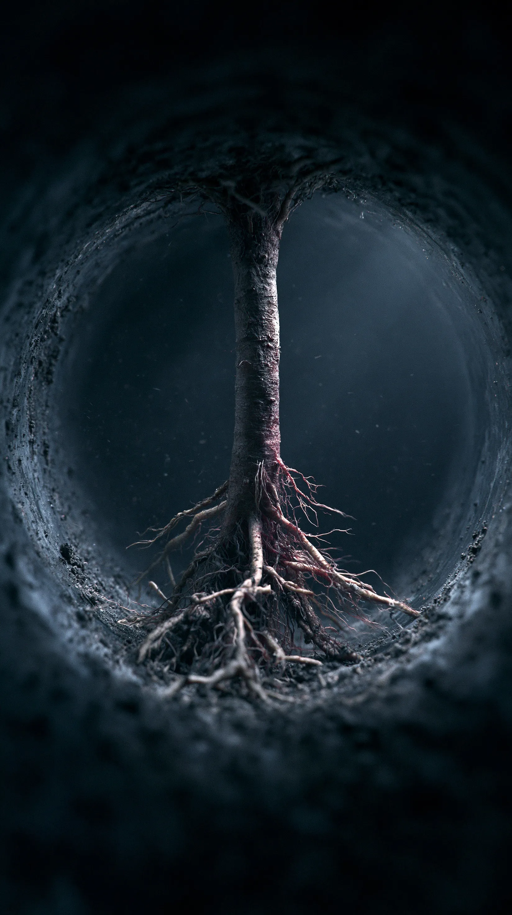 Ultra-realistic 3D drain pipe with tree roots for iPhone wallpaper, featuring clean texture and negative space.