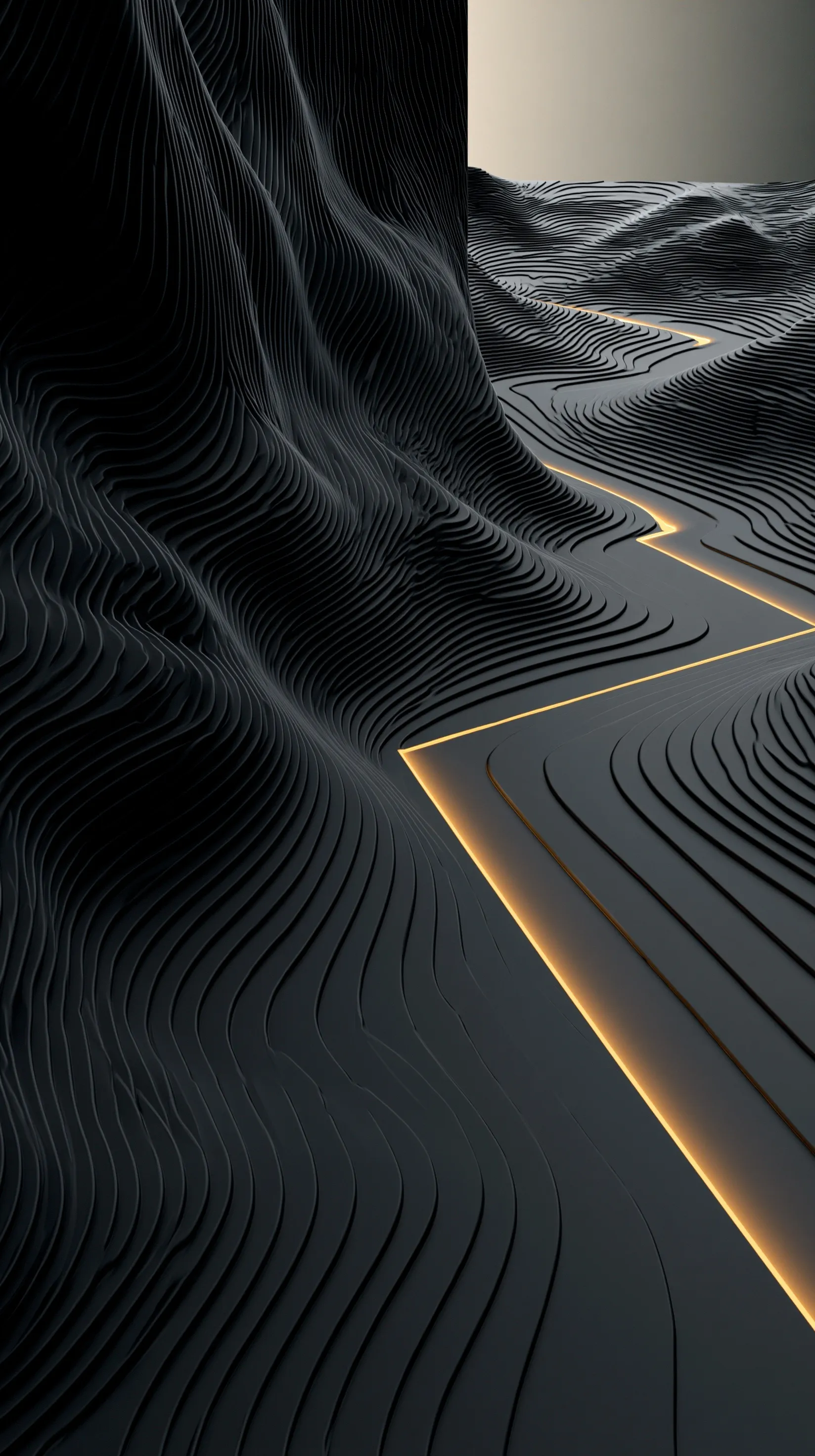 Minimalist 3D wallpaper with black topographical contour lines and a single gold accent for iPhone background.