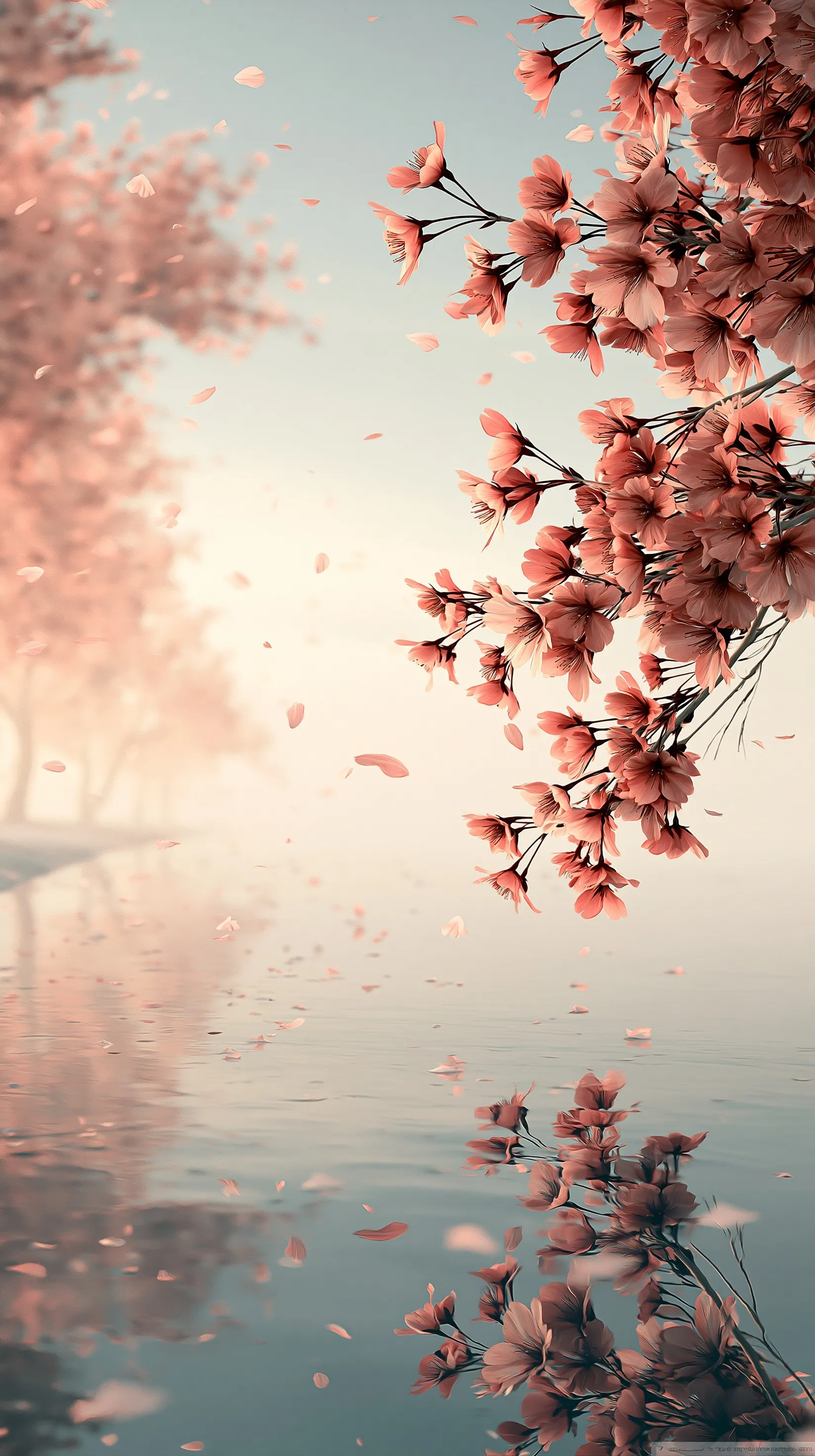 Cherry blossom trees by a river with falling petals and dreamy soft pastel sky in a realistic 8k 3D aesthetic.