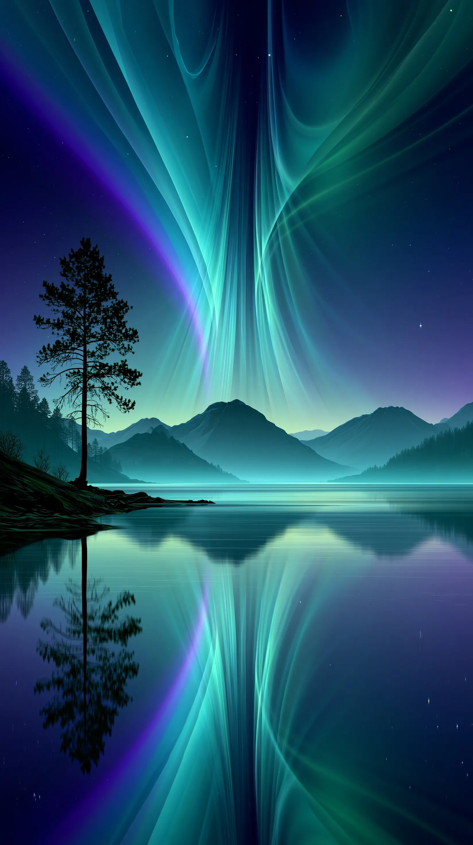 Minimalist 3D aurora borealis wallpaper with mirrored lake reflection and pine tree silhouette for iPhone background.