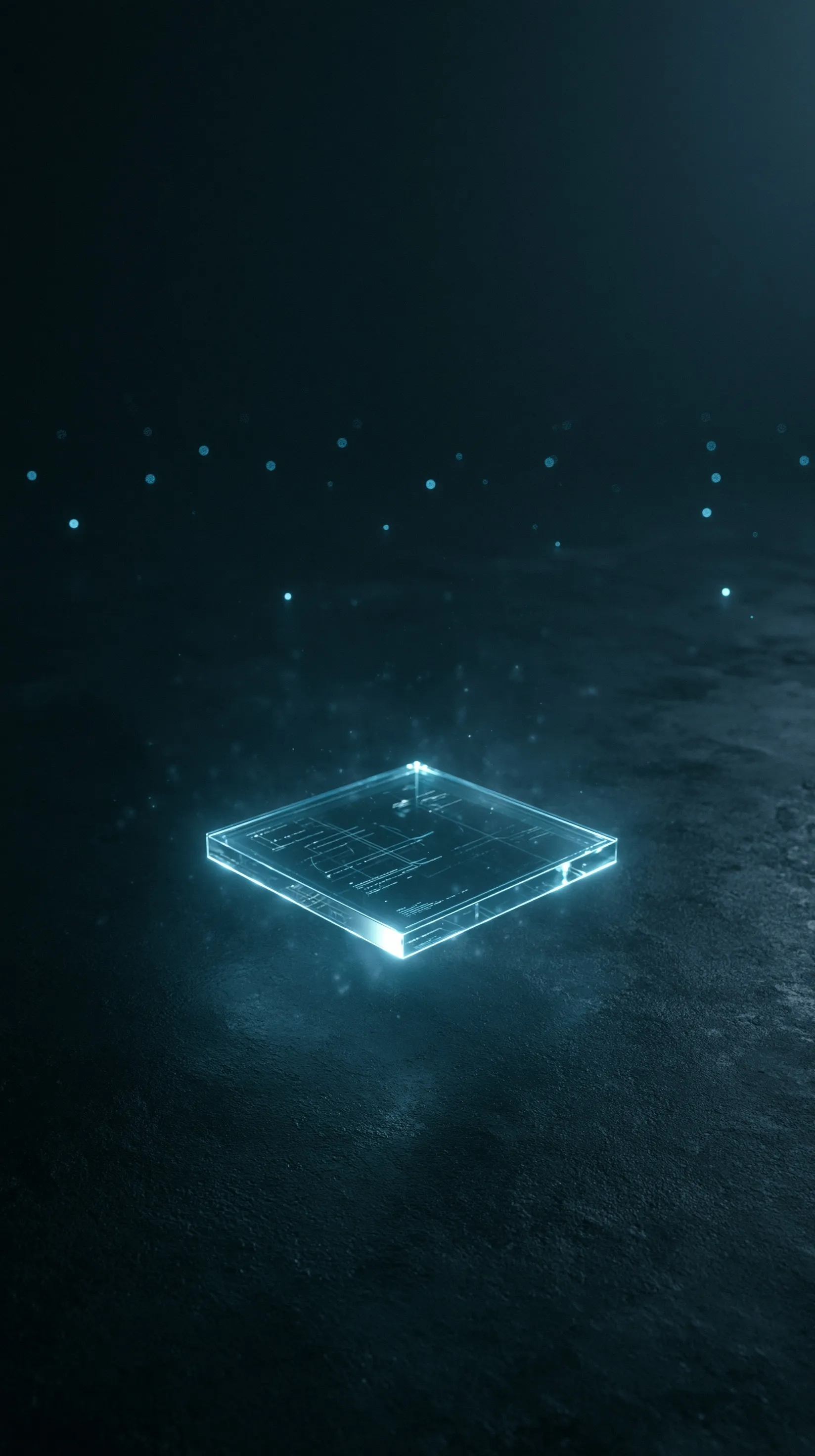 A sleek glass business card floating in a dark navy void with glowing cyan data lines and soft volumetric particles.