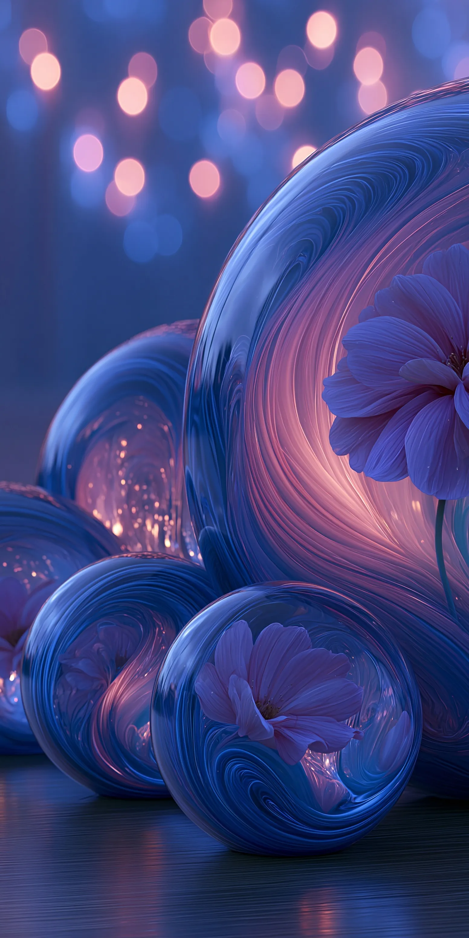 3D wallpaper featuring glossy spheres with swirling blue and pink liquid on a reflective surface and bokeh lights.