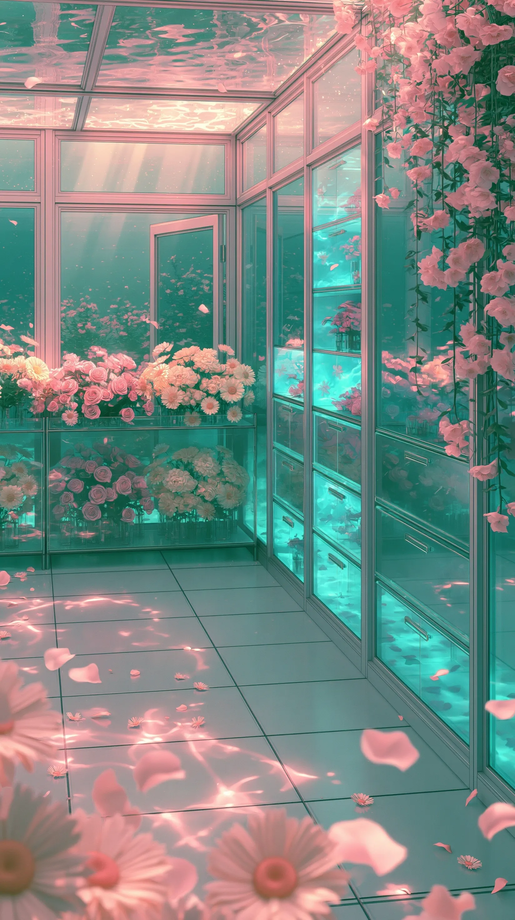 Ultra-realistic 3D underwater flower shop greenhouse wallpaper with soft turquoise water and pastel floral petals.