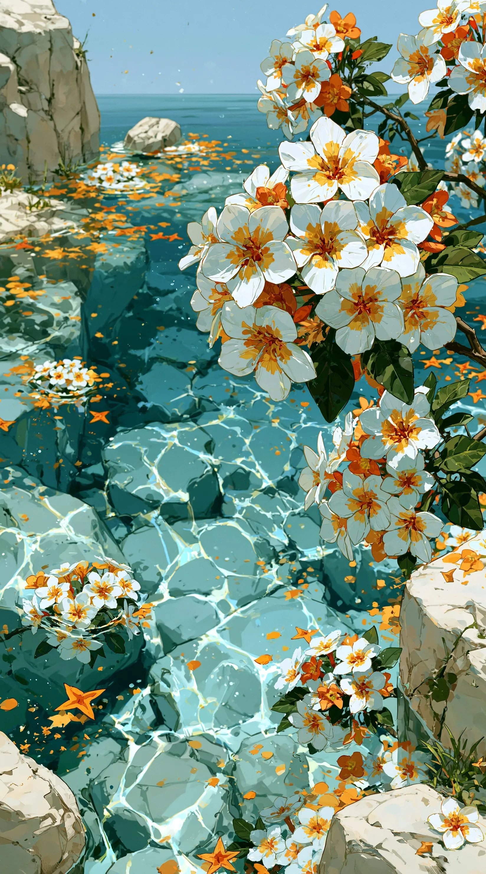 Sunny anime-style wallpaper featuring shimmering water caustics, floating plumeria, and a bright blue sky.