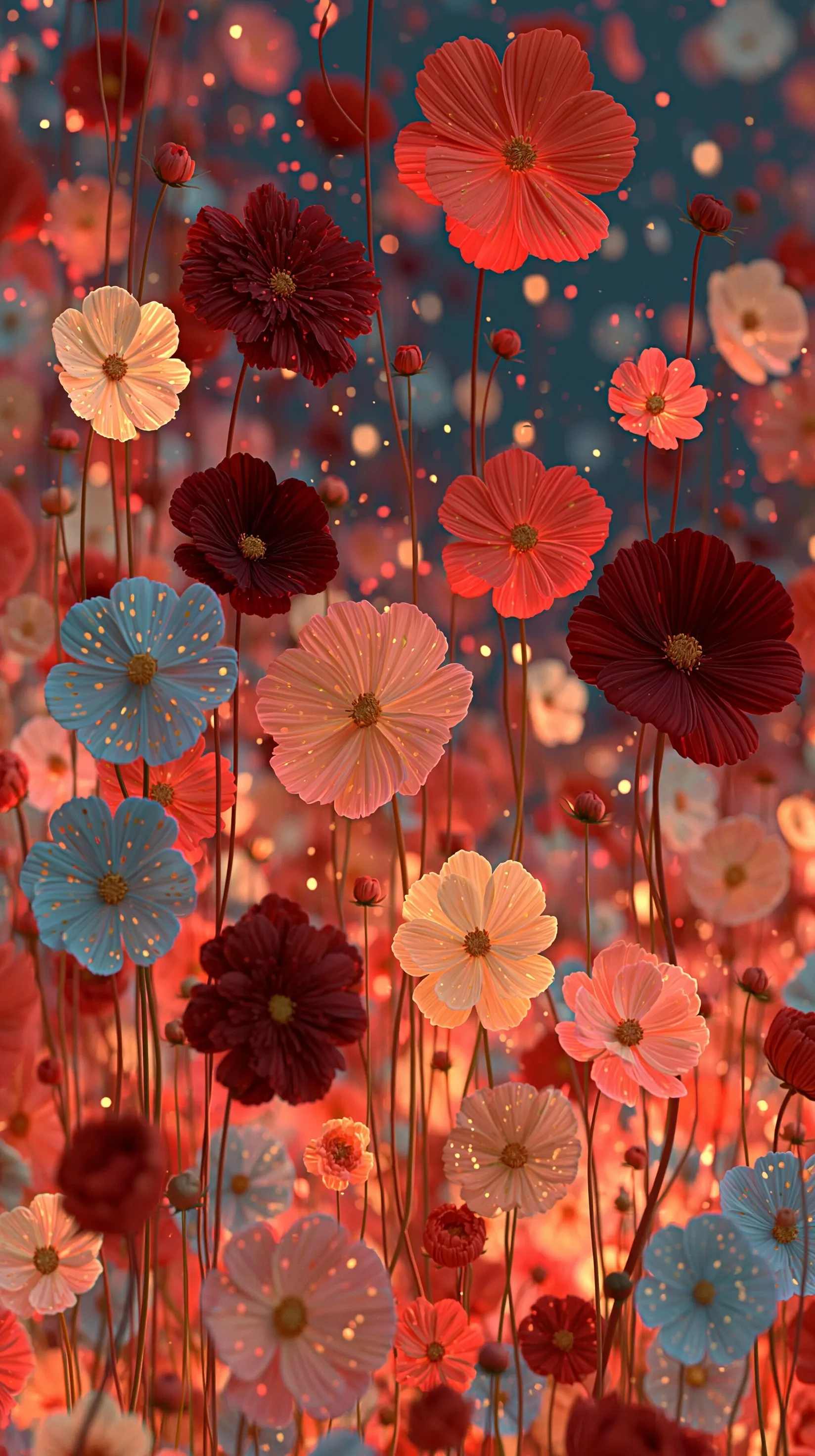 A 3D digital wallpaper of a vast field of vibrant red flowers illuminated by warm, glowing golden sunlight.
