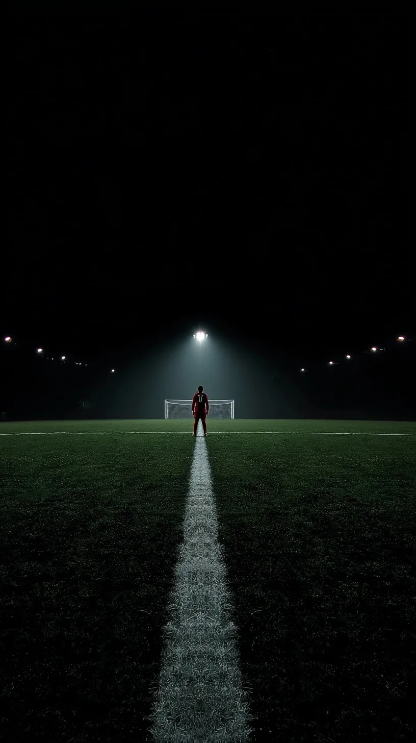 Wide shot of a kicker and goalkeeper facing off during a tense penalty kick, symmetric aesthetic football scene.