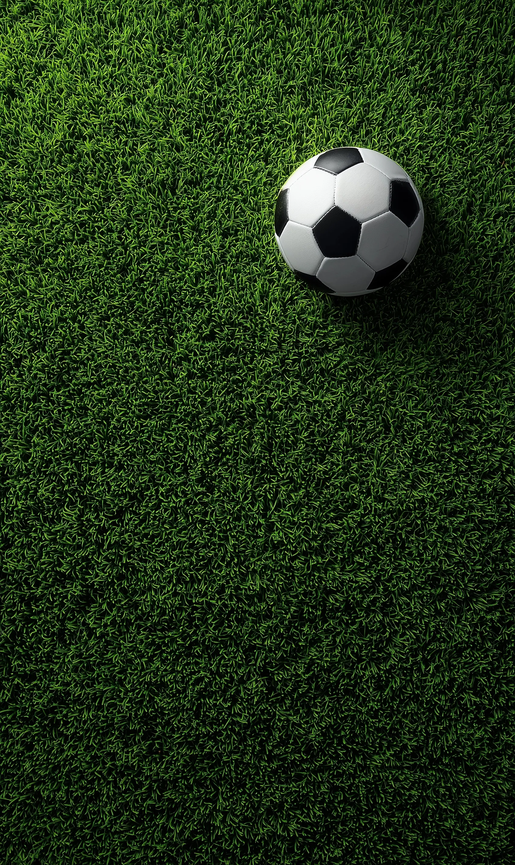 Top view of a soccer ball on green grass with copy space for web banner and mobile wallpaper.