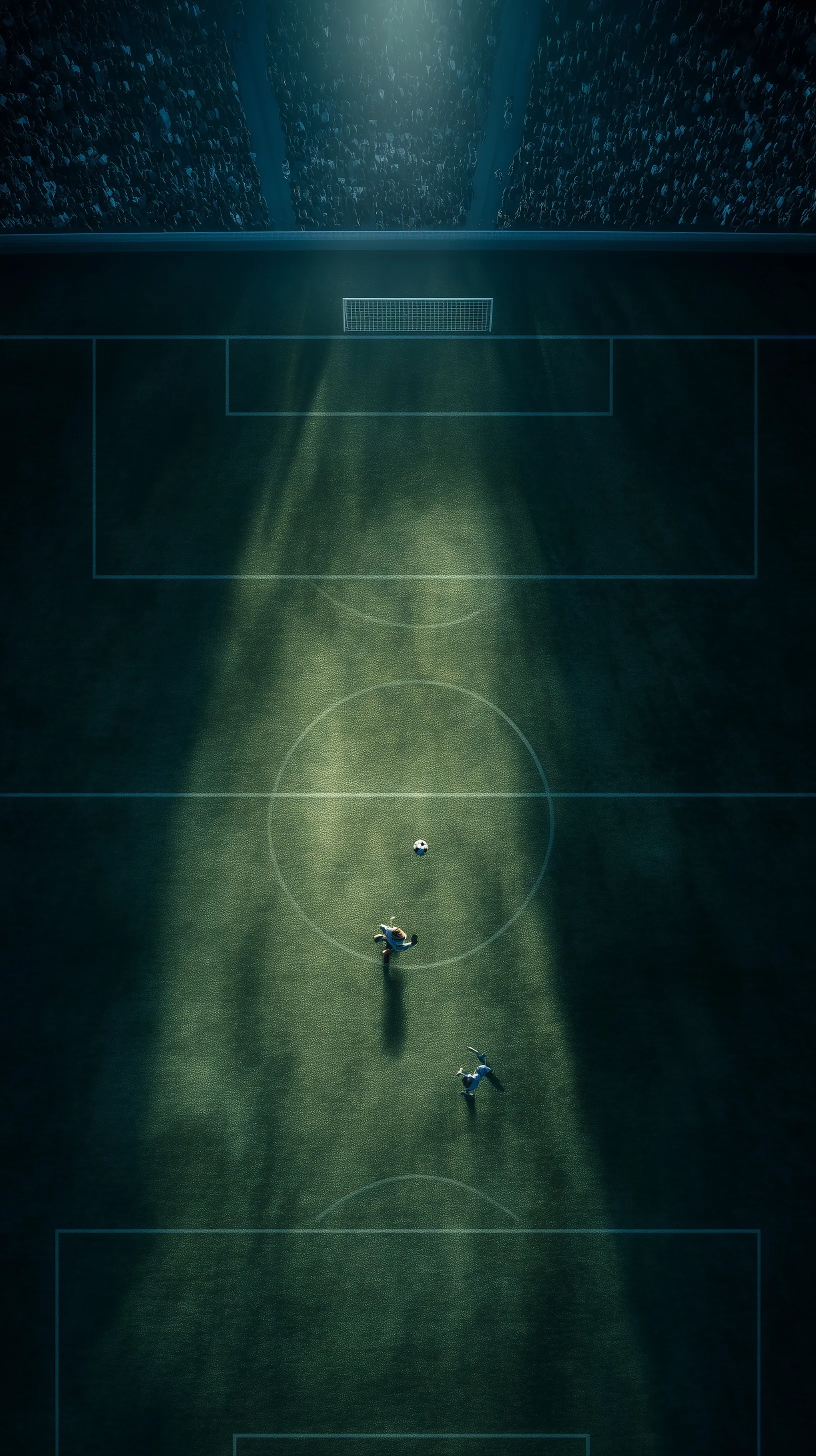 Aerial view of a football striker and goalkeeper during a dramatic penalty kick in a cinematic stadium.