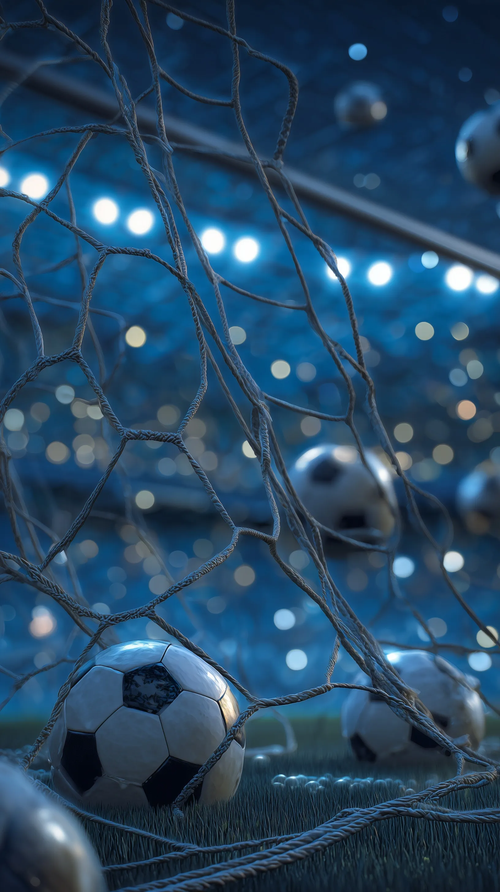 A soccer goal with balls inside and out at a stadium at night with aesthetic blue stadium lighting.