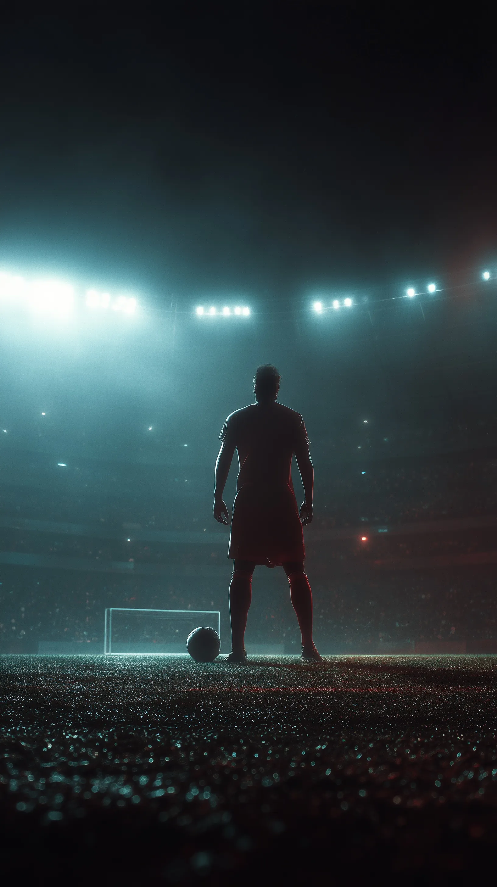A soccer player standing in a dark stadium with cinematic lighting and a glowing aesthetic, 4k high-quality wallpaper.