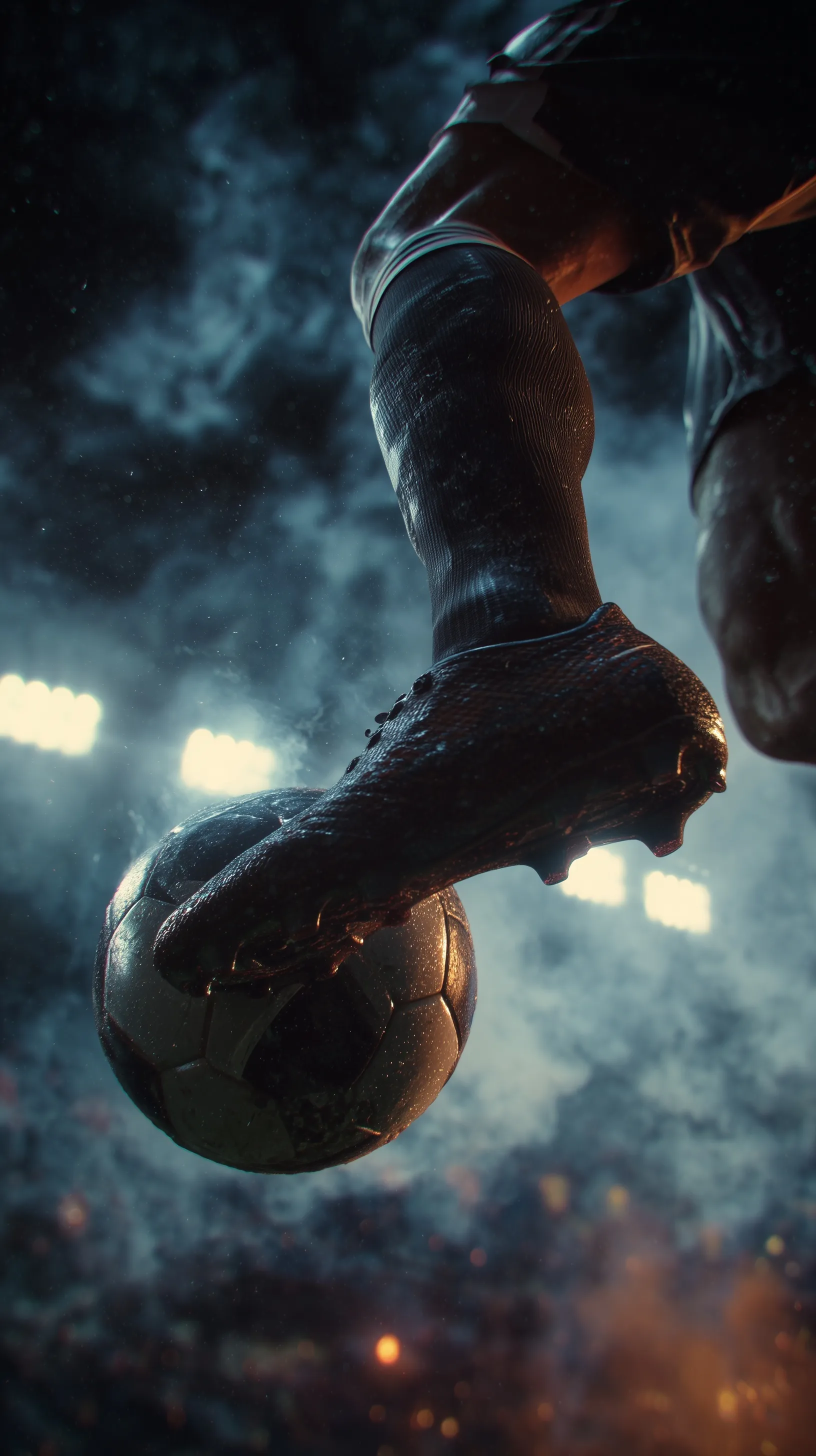Close-up of Ronaldinho’s leg kicking a soccer ball with cinematic stadium lights and smoke, 4k aesthetic football.