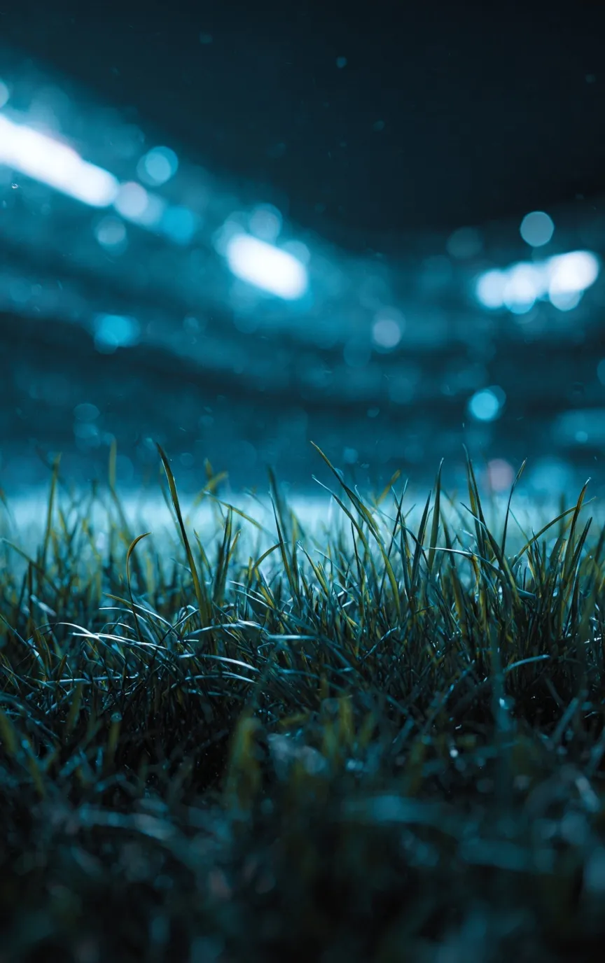 Macro grass photography of a stadium field in a dark, cinematic atmosphere for a high-quality football background.