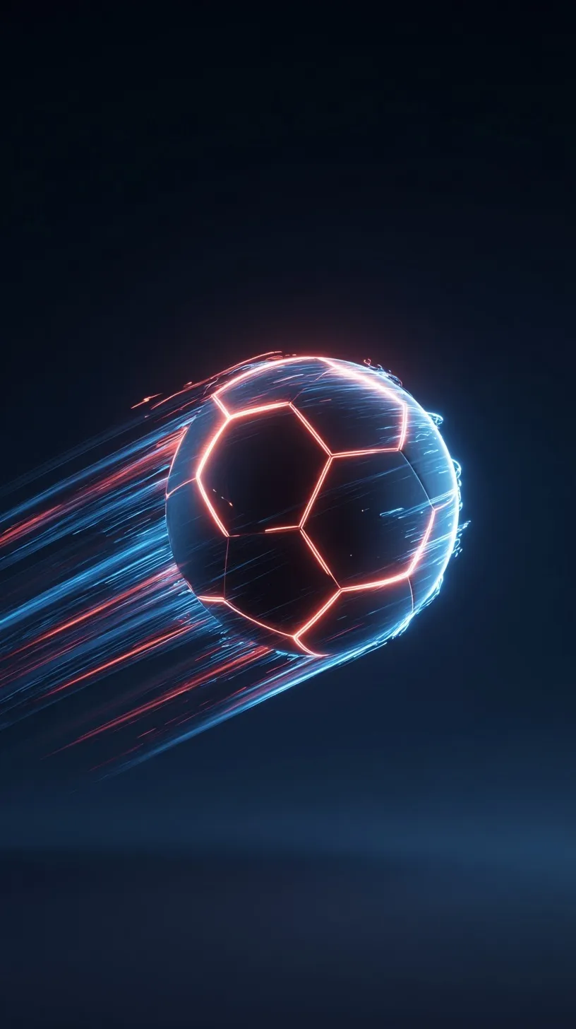 Glowing neon soccer ball with electric blue and red light trails on a dark navy futuristic background.