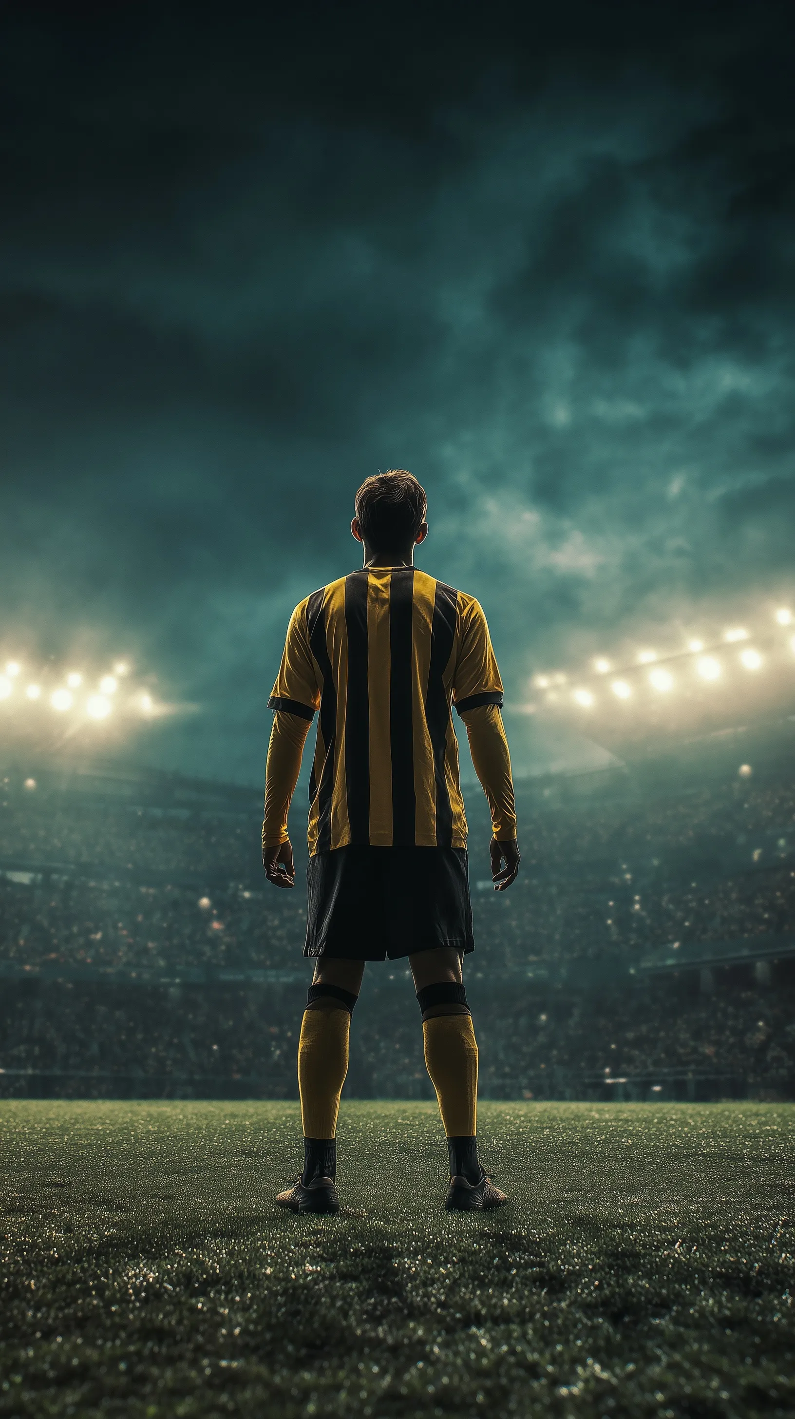 A cinematic vertical shot of a football player in a yellow and black striped jersey standing alone on a stadium field.