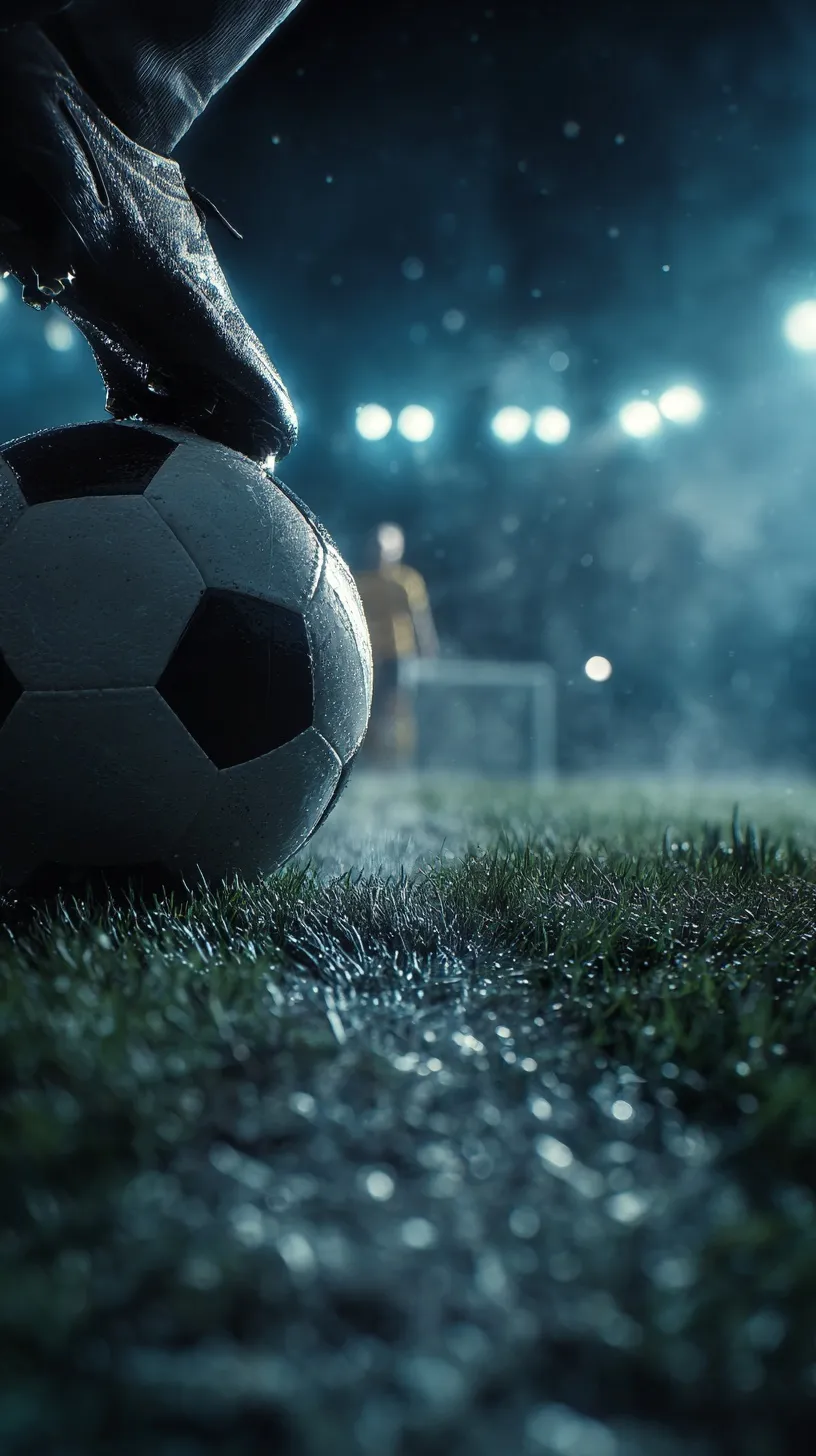 Extreme close-up of a soccer ball on a penalty spot with a player about to kick under cinematic stadium lights.