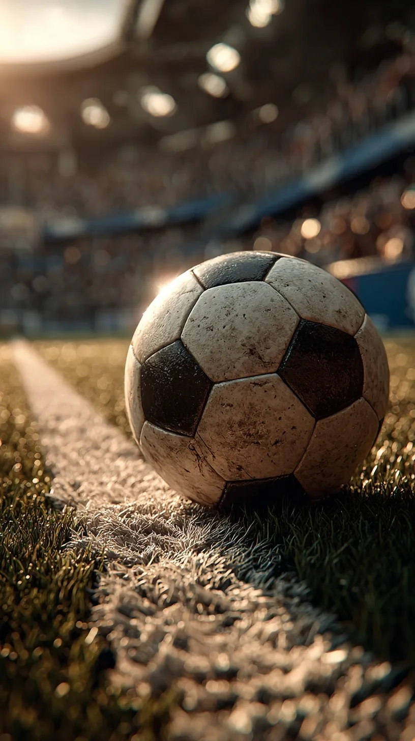 A soccer ball on a white pitch line with a blurred stadium background, professional cinematic sports photography.
