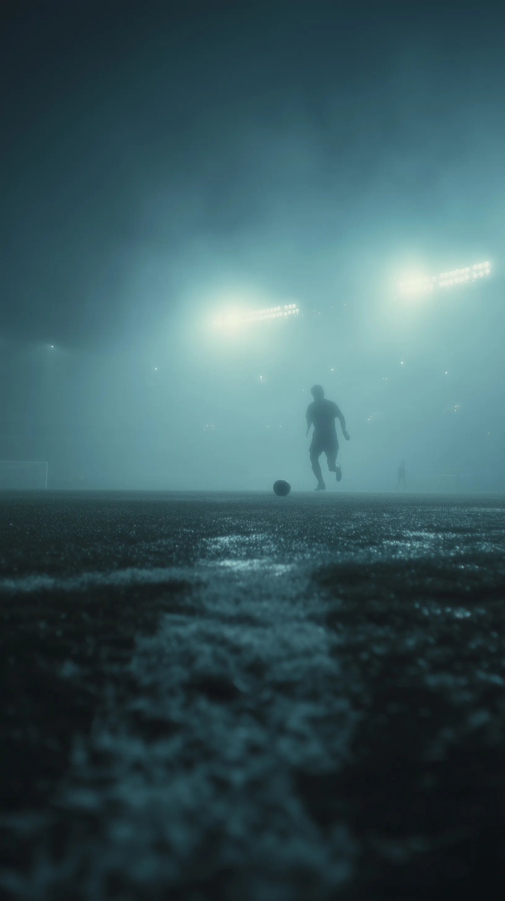 A cinematic wide-angle shot of a football player dribbling on a mist-covered stadium pitch under bright floodlights.