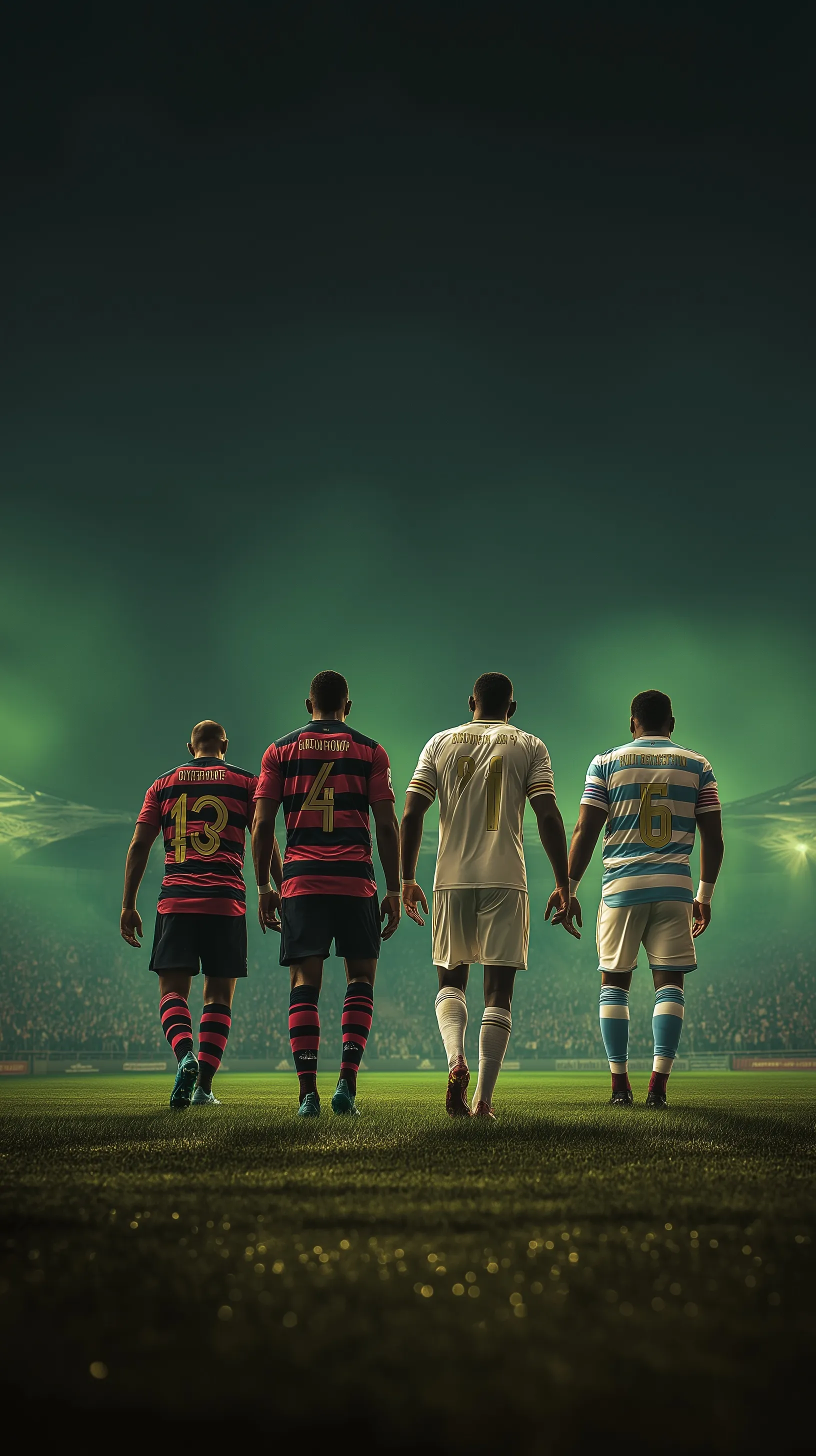 Four football players in diverse professional club jerseys walking on a stadium pitch under cinematic green lighting.