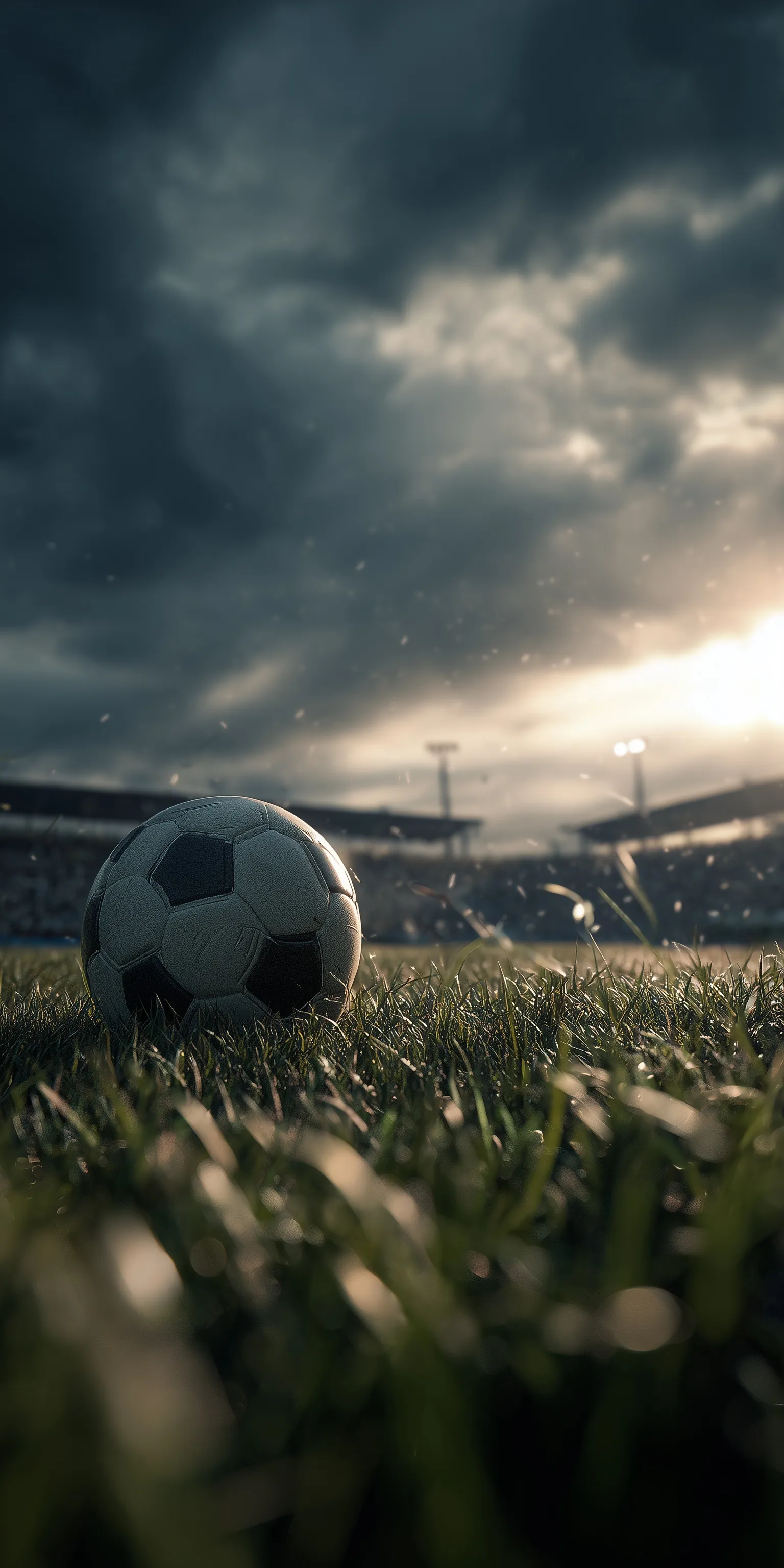 A cinematic close-up of a football flying in the air above lush green stadium grass with a dramatic sky background.